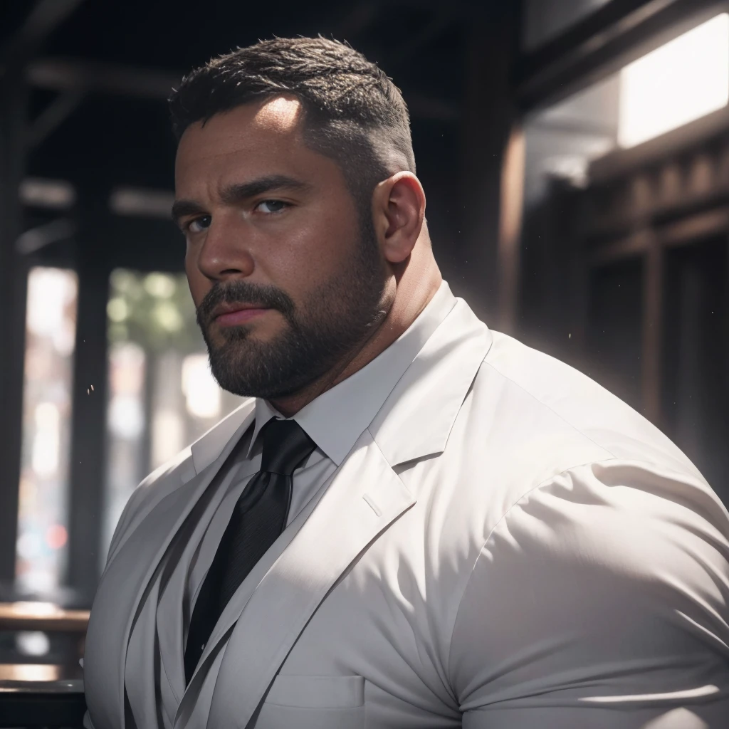 An award-winning original photo，A wild fat man, (40 years old daddy:1.1), 1boy, Solo, (black suit), (white dress shirt), (top fully opened), (big shoulderusculature, stubbles, Short beard, Beautiful eyes:1.3), (Detailed face:1.3), Dynamic Angle, volumetric lighting, (Best quality, A high resolution, Photorealistic), Cinematic lighting, Masterpiece, RAW photo, Intricate details, hdr, depth of field,extreme close up, 