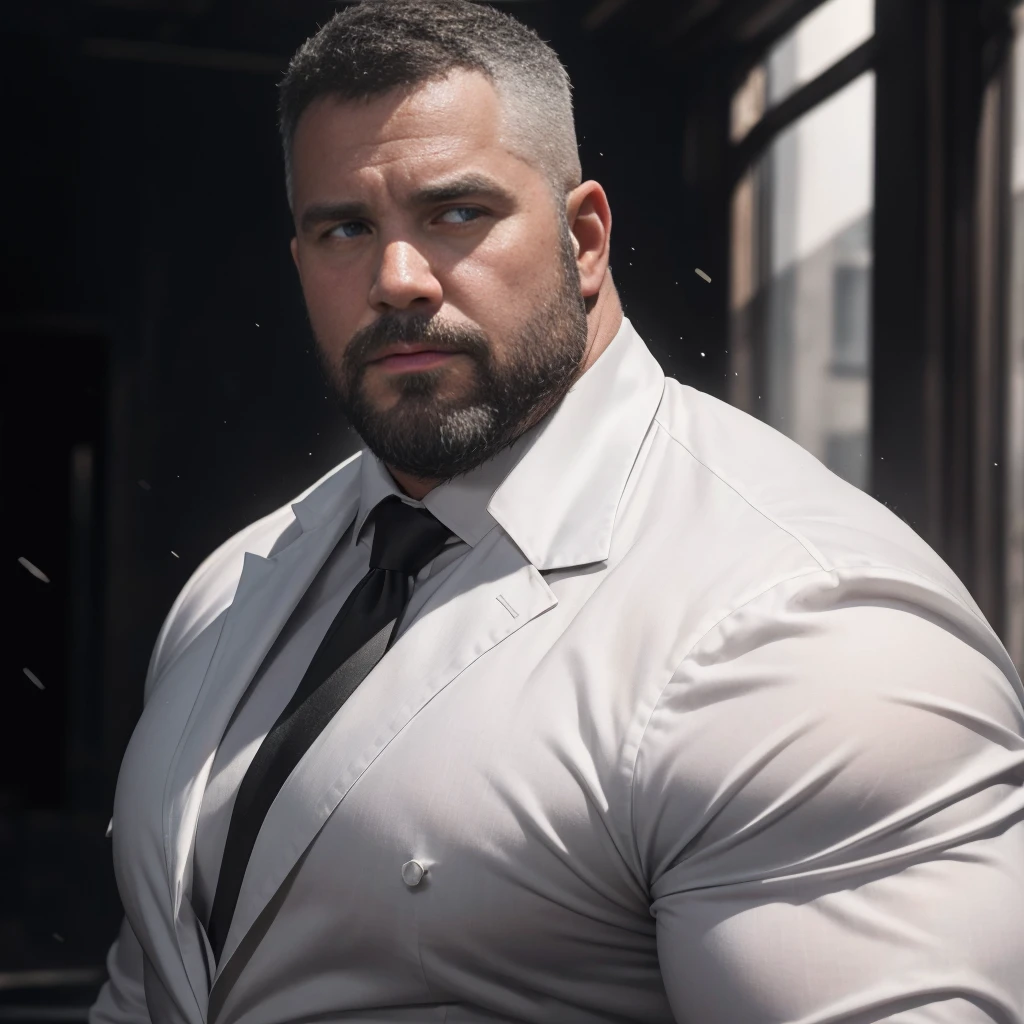 attractive man, Father, muscular, grey short hair, full beard, Sheriff, uniform, in police station, modern american office (best quality,4K,8k,highres,​masterpiece:1.2),Ultra-detail,(realisti,photorealisti,photo-realisti:1.37),  Film compositions, depth of field,Professional 3D rendering