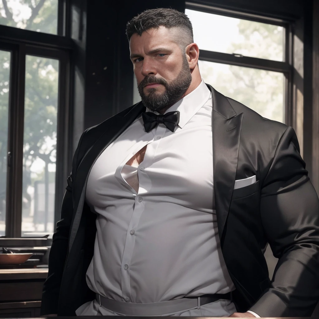 An award-winning original photo，A wild fat man, (40 years old daddy:1.1), 1boy, Solo, (black suit), (white dress shirt), (top fully opened), (big shoulderusculature, stubbles, Short beard, Beautiful eyes:1.3), (Detailed face:1.3), Dynamic Angle, volumetric lighting, (Best quality, A high resolution, Photorealistic), Cinematic lighting, Masterpiece, RAW photo, Intricate details, hdr, depth of field,extreme close up, 