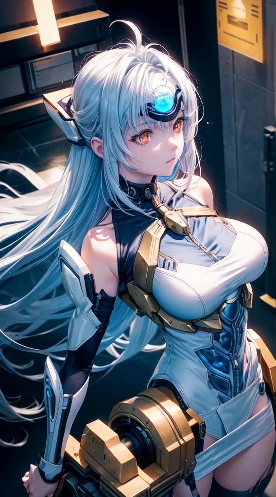 top-quality、masterpiece、超A high resolution、(Photorealsitic:1.4)、女の子1人、Light blue hair、Straight hair, shiny and clean hair、White shiny skin、Sexy Cyberpunk Girl、((super realistic details))、Shadow、octan render、ultrasharp、hyperdetailed face、Fiberglass、Luminous tube、highly intricate detail、Realistic light、CGSoation Trends、((Golden Eyes))、(Facing the camera)、neon detailechanical limbechanical vertebrae attached to the back、mechanical cervical attaching to neck、Wires and cables connecting to the head、((valkyrie))、((Beam Cannon))、Combat stance