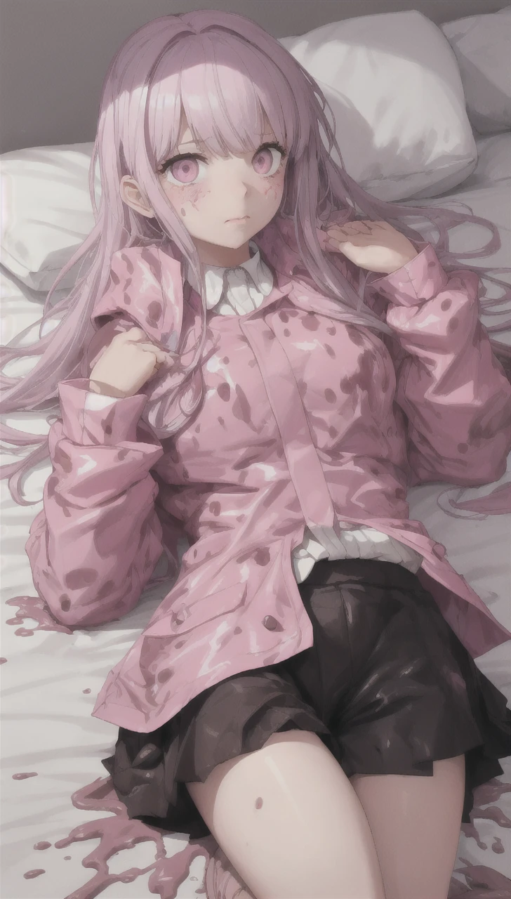 a girl laying in bed, wearing a pink buttoned raincoat, covered in mud, mud splatters, embarrassed expression on her face