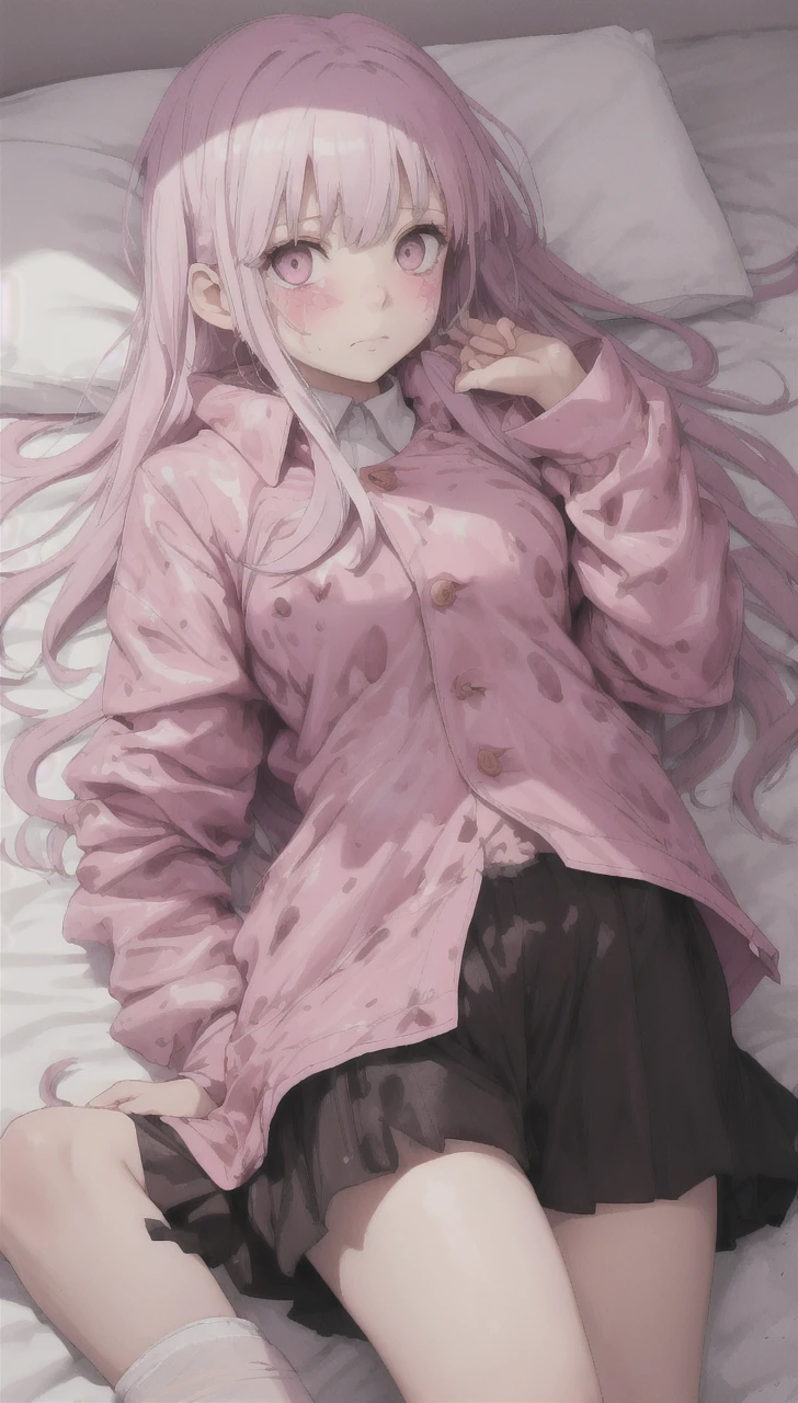 a girl laying in bed, wearing a pink buttoned raincoat, covered in mud, mud splatters, embarrassed expression on her face