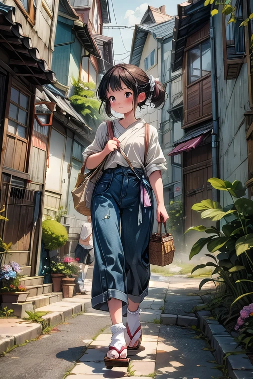 best quality,(masterpiece:1,2),highres,original,perfect lighting,extremely detailed wallpaper,(extremely detailed CG:1.2),Japanese manga style,Studio Ghibli,Hayao Miyazaki style,high saturation,rich details,A girl carrying a bag walking down the street,
