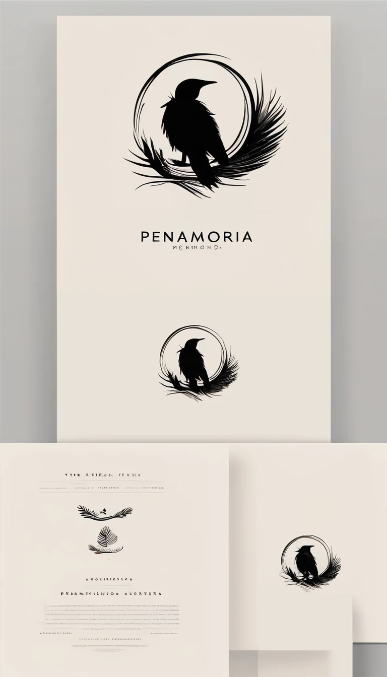 A minimal, modern, simple, cinematic, minimalistic logo design for the brand “Penamemoria". The logo design must be a simple, magical feather and a boy running and holding an acoustic guitar. The logo must convey a sense of music, stories and dreams. Logo design impressed on a book cover. Minimalistic logo