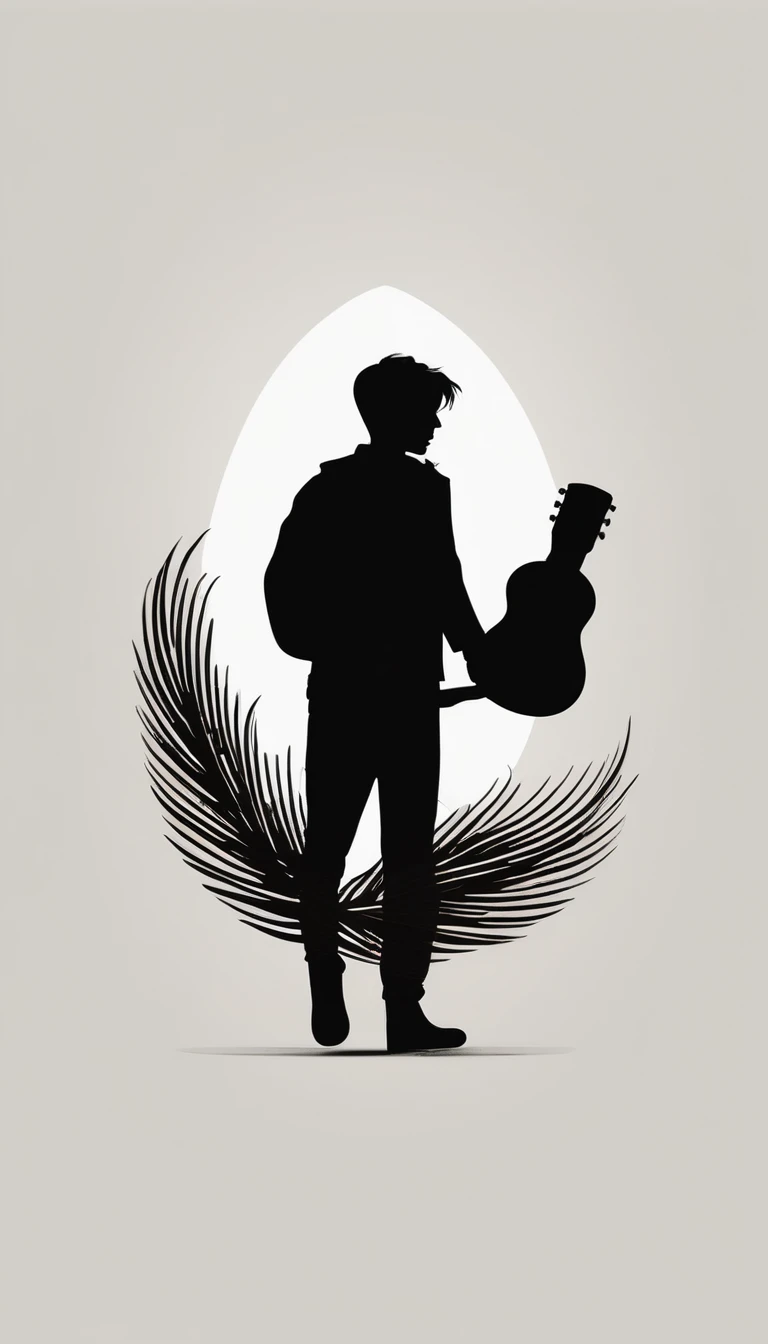 A minimal, modern, simple, cinematic, minimalistic logo design for the brand “Penamemoria". The logo design must be a simple, magical feather and a boy running and holding an acoustic guitar. The logo must convey a sense of music, stories and dreams. Logo design impressed on a book cover. Minimalistic logo