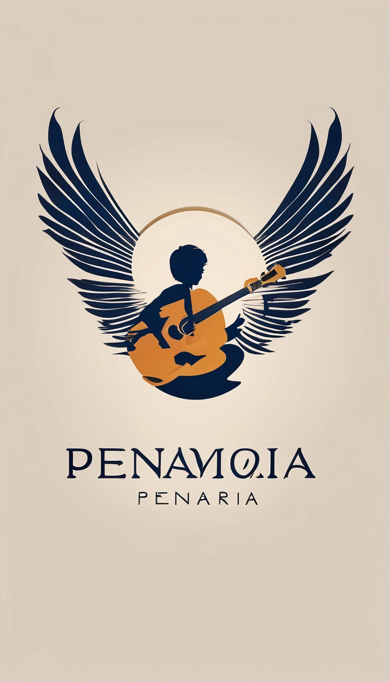 A minimal, modern, simple, cinematic, minimalistic logo design for the brand “Penamemoria". The logo design must be a simple, magical feather and a boy running and holding an acoustic guitar. The logo must convey a sense of music, stories and dreams. Logo design impressed on a book cover. Minimalistic logo