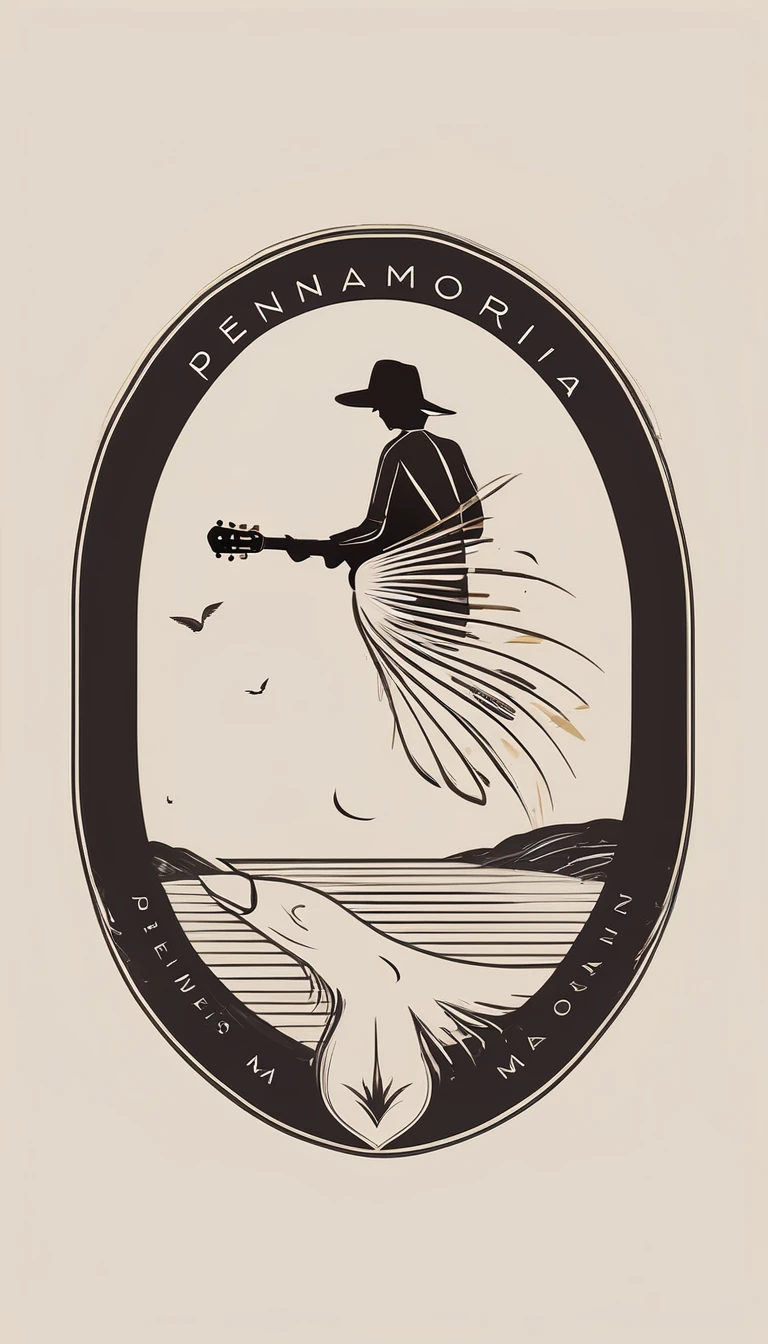 A minimal, modern, simple, cinematic, minimalistic logo design for the brand “Penamemoria". The logo design must be a simple, magical feather and a boy running and holding an acoustic guitar. The logo must convey a sense of music, stories and dreams. Logo design impressed on a book cover. Minimalistic logo
