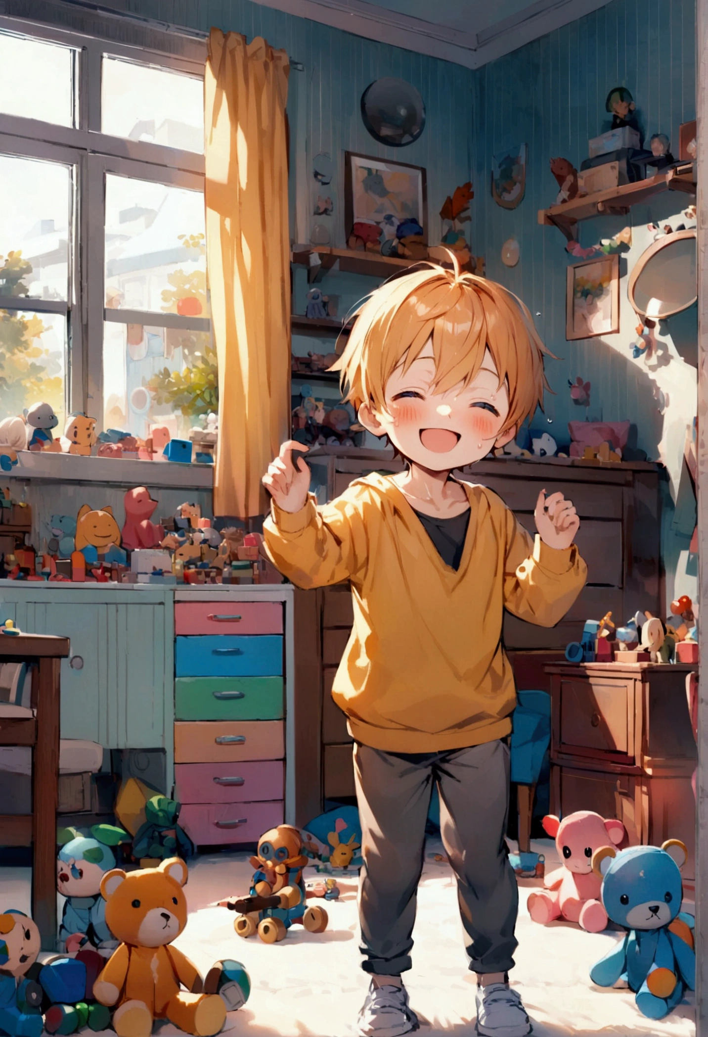 ???, Full body picture, whole body, cute young boy shota, tight gray sweat pants, light orange hairs, blush, happy, smile , BREAK, ultra detailed children bedroom, lot of toys around