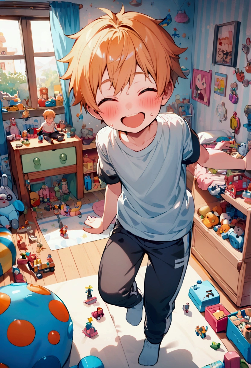 , Full body picture, whole body, cute young boy shota, tight gray sweat pants, light orange hairs, blush, happy, smile , BREAK, ultra detailed children bedroom, lot of toys around