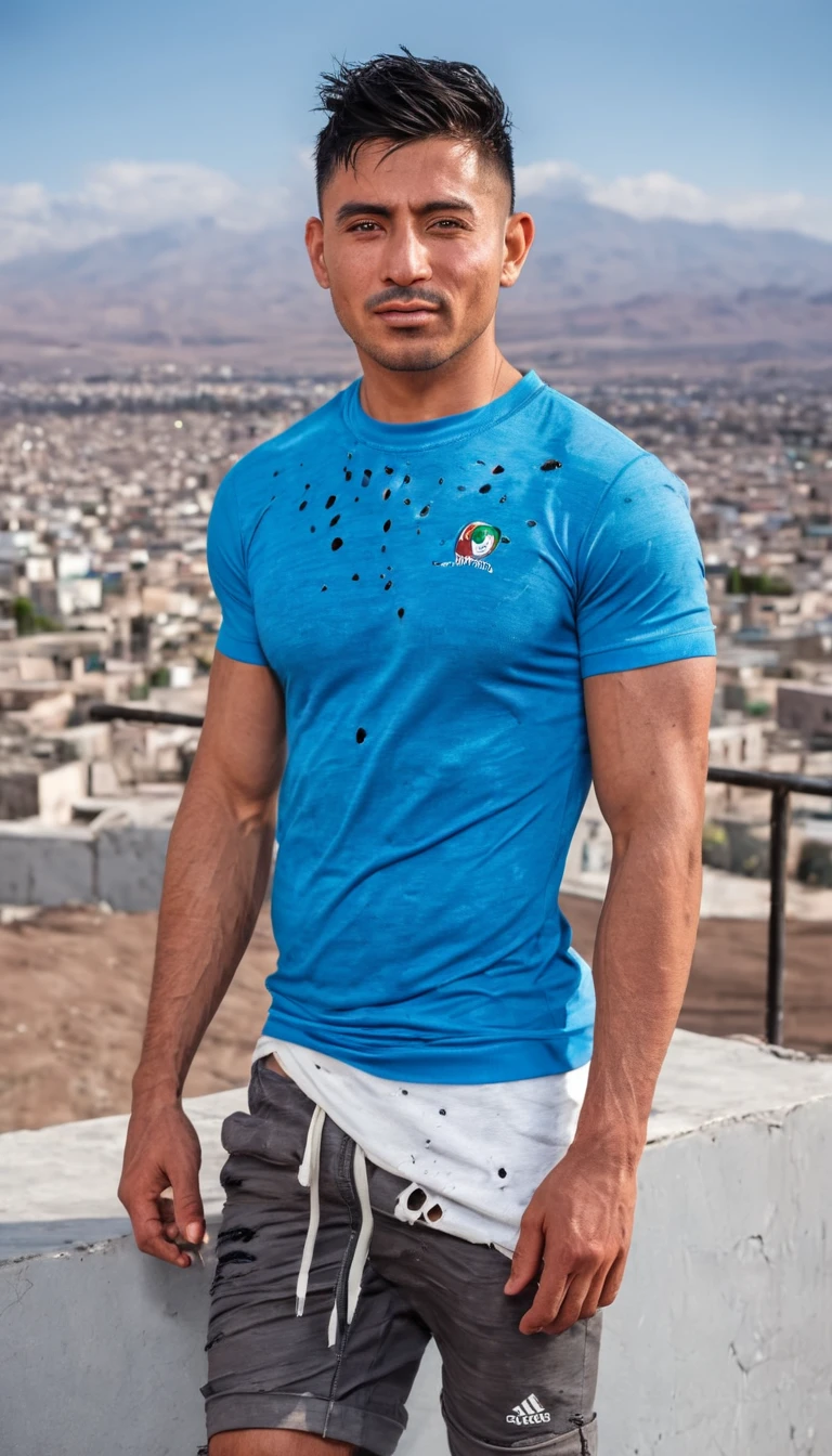 Realistic photography of a beautiful man. Full body shot. a man. Arequipa city background, Wearing ragged clothes, torn clothes, clothes with holes. Sportswear. wearing a tattered sports shirt. The man is Asian Hispanic, 30 years old, semi-muscular body. height: 1.65, short neck, very light and bright blue eyes, full lips, blush, black hair, military-cut hair, pointed hair. Standing, facing the camera. Discreet smile. (photorealistic), masterpiece: 1.3, beautiful lighting, best quality, beautiful lighting, realistic and natural image, intricate details, everything in focus, perfect focus, photography, masterpiece. , tiny nuances, supreme resolution, 32K, ultra-sharp, superior quality details, realistic and complex, perfect proportions, perfect hands, perfect feet.