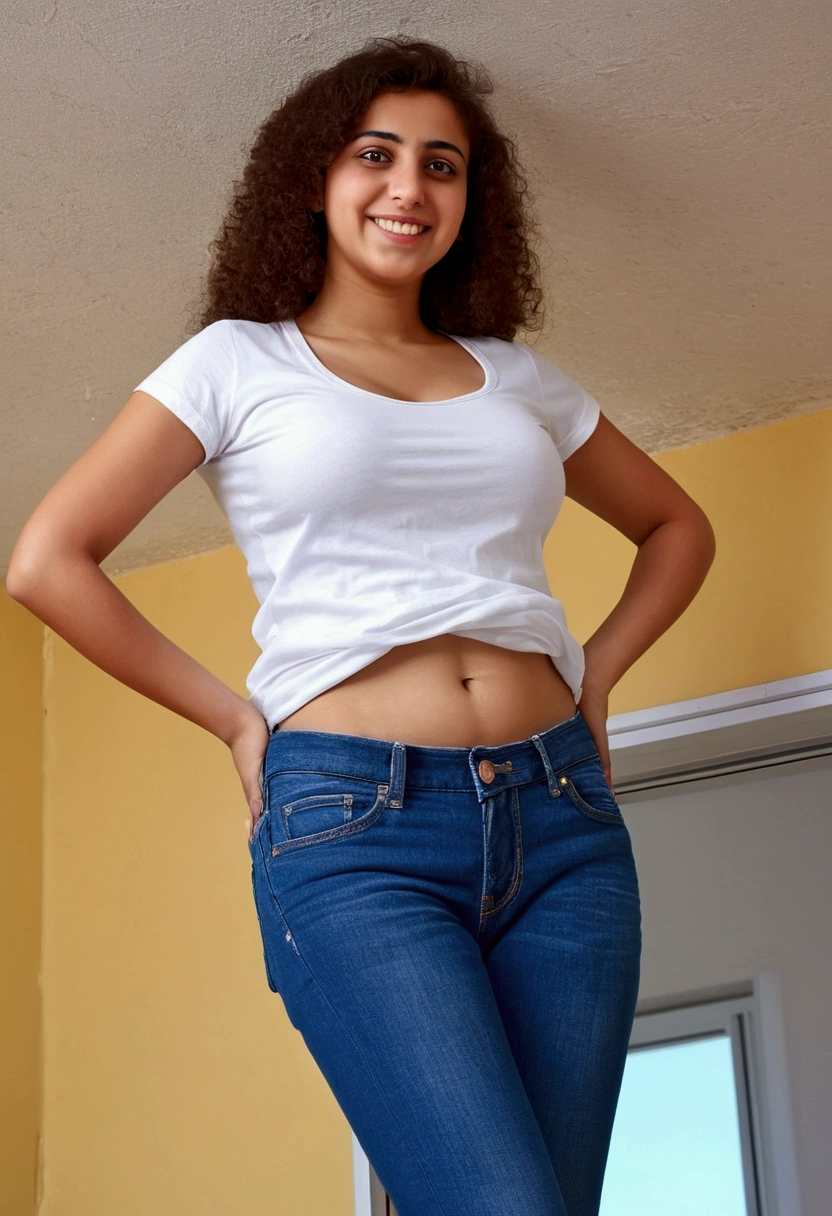 Giantess, Super tall arabic girl.  ((3 meters tall))Wearing jeans and a t-shirt., busty, breasts sticking out of shirt. Smiling, blushing. Massive girl. Taller than The roof. Belly exposed. r.