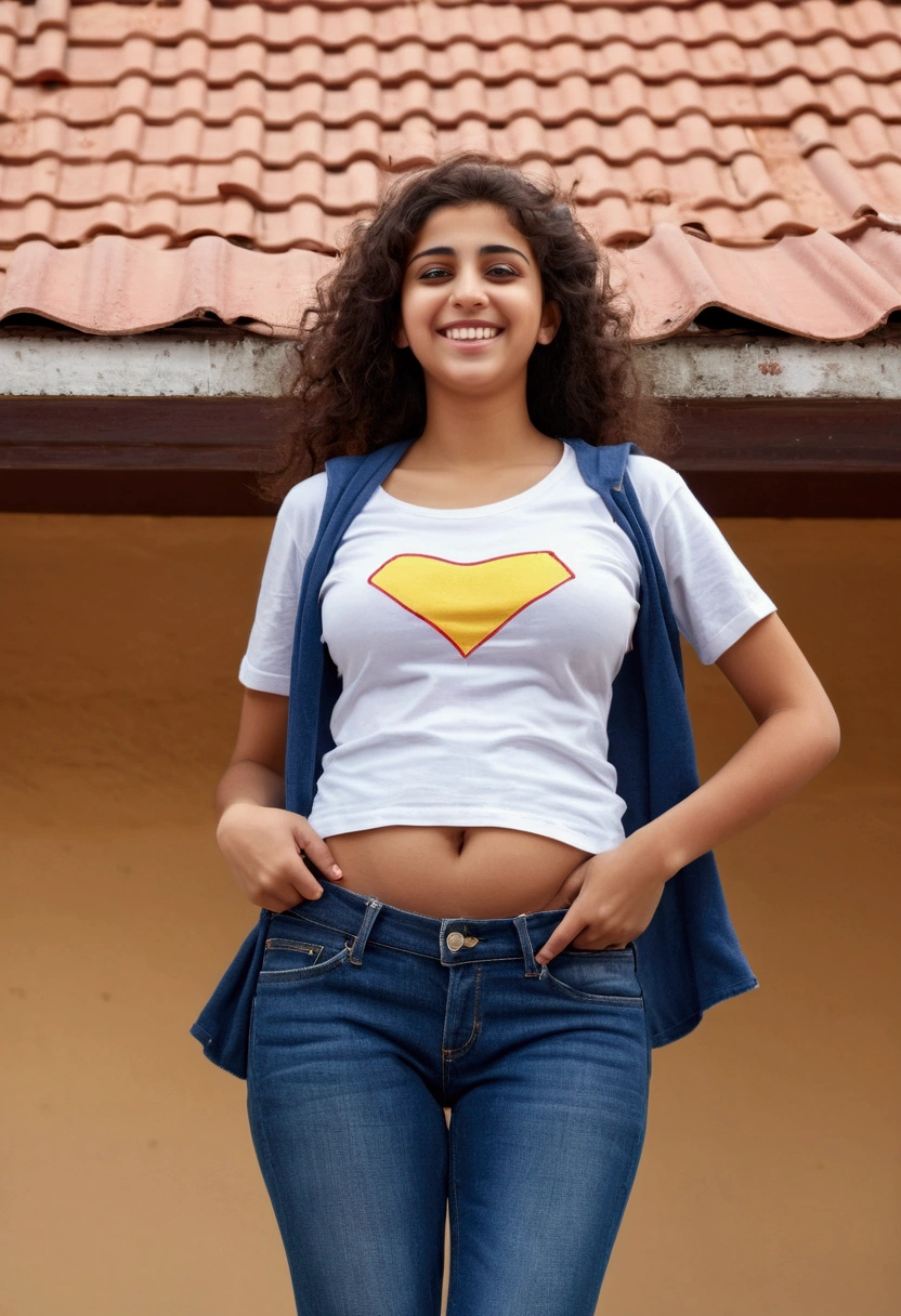 Giantess, Super tall arabic girl. ((3 meters tall))Wearing jeans and a t-shirt., busty, breasts sticking out of shirt. Smiling, blushing. Massive girl. Taller than The roof. Belly exposed. Teenager.