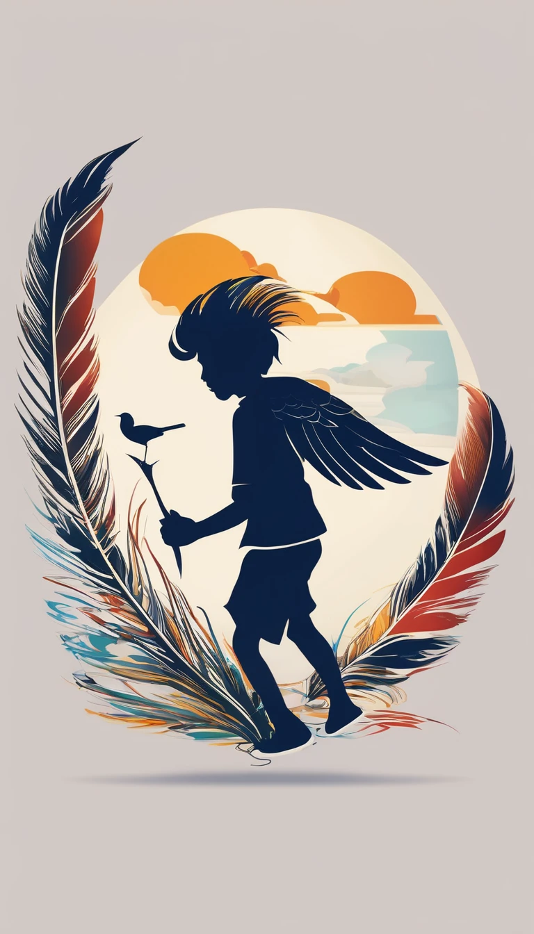 Create a cinematic, abstract symbol for a storytelling production brand based on stories and music called " Penamemoria". The logo should convey a fantasy theme and include the company of a boy and a fantasy bird. Logo design of a running boy with two giant feathers in his hand