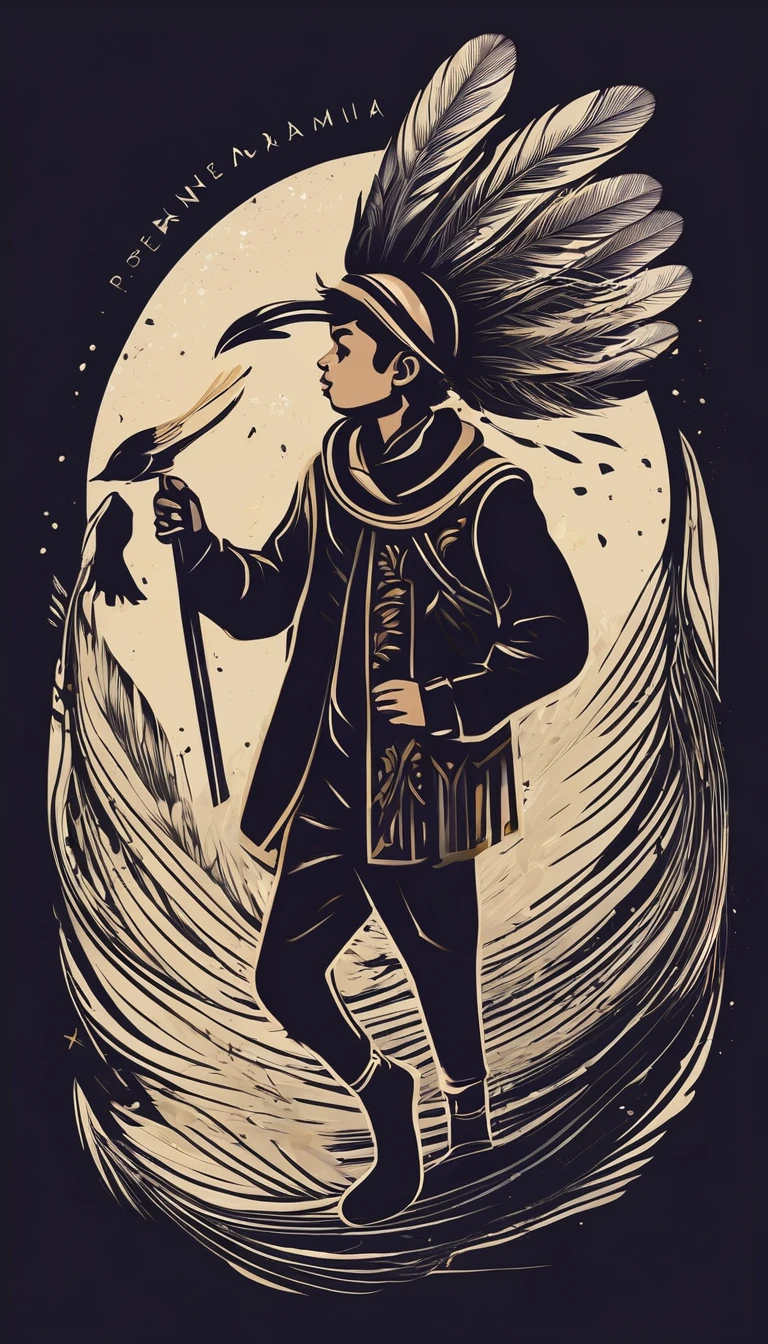 Create a cinematic, abstract symbol for a storytelling production brand based on stories and music called " Penamemoria". The logo should convey a fantasy theme and include the company of a boy and a fantasy bird. Logo design of a running boy with two giant feathers in his hand