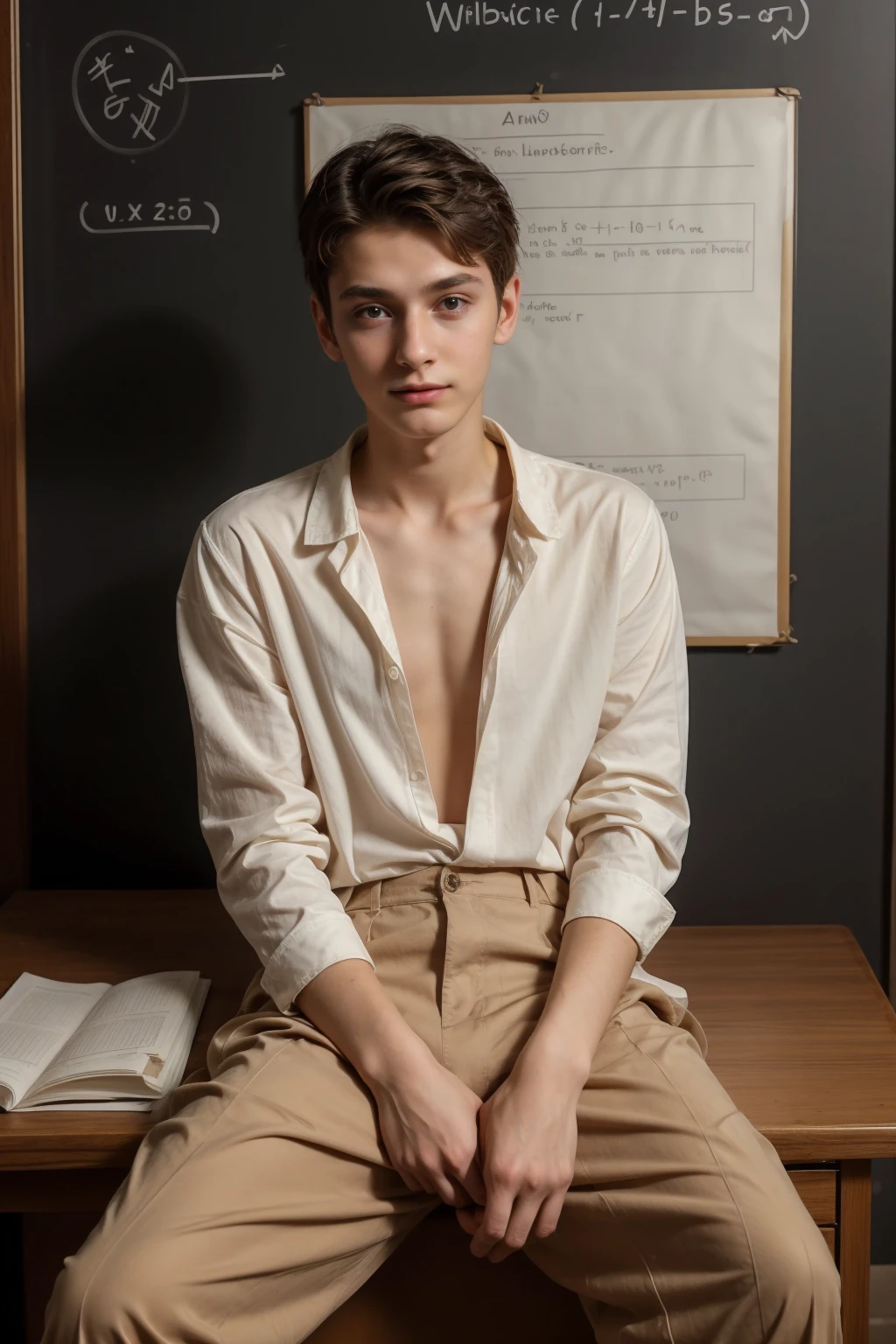 A beautiful young man, male, a cute twink, with black hair, wearing a white long-sleeved shirt and jeans, and he is in his office, sitting studying passionately at a luxurious desk, studying with a huge general medicine book, and behind him is a blackboard with calculus written on it, and neon energy comes out of the blackboard, and he  He looks proudly