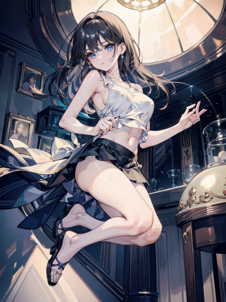 ((((absurdres, RAW photo, extremely delicate and beautiful, masterpiece, Best Quality, ultra high resolution, 32k, hyperrealistic, ultra-detailed)))), in her 20s, very Slim body, narrow waist, very small head, very small face, delicate facial features, beautiful face, beautiful eyes, ((very huge round tits)), medium hair, black hair, wavy hair, tearful mole, earring, ((full body shot)), casual, blouse, white shirt, buttoned shirt, bare shoulders, collarbone, midriff, navel, shorts, straw hat,