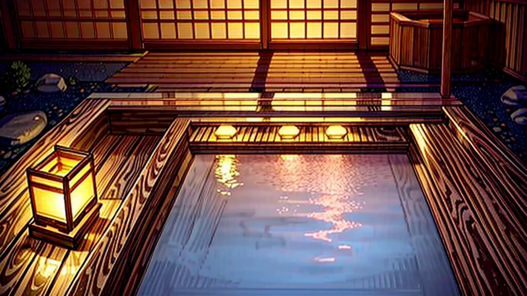 A spectacular view from the Japanese-style rooms of a ryokan、Summer Japanese traditional hot spring, Dim Light, detailed, Realistic, ((masterpiece)), Hot steam, Wooden bucket, forest, bamboo, Soft lighting, (masterpiece:1.2), (Highest quality)