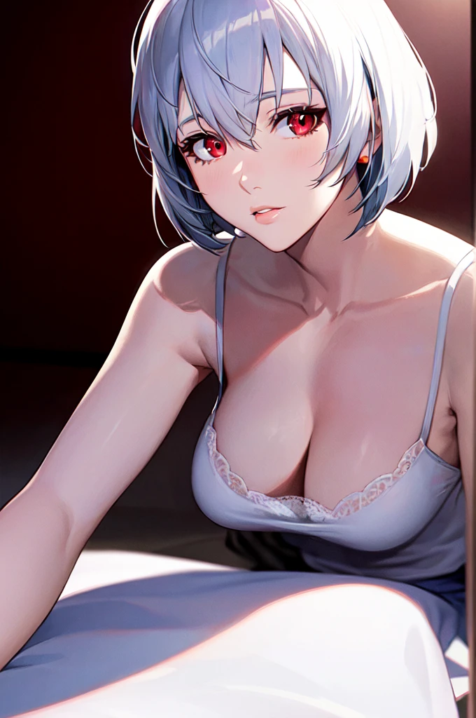{{Neon Genesis Evangelion, Rei Ayanami:1.9}}, 8K, best quality, ultra-detailed, high resolution, highly detailed CG, clear, top aesthetic, excellent shading, (photorealistic:1.3), high contrast, ultra-fine illustration, shrink rate, beautiful detailed eyes, beautiful detailed skin, realistic skin, beautiful detailed hands, beautiful detailed fingers, beautiful detailed hair, detailed hair strands, beautiful detailed ears, beautiful detailed lips, professional lighting, beautiful detailed background, very realistic background, one girl, solo, 25 years old, beautiful woman, (((glossy pale hair, bob cut))), (hair between eyes), (((dark red eyes))), (inner camisole, outer see-through shirt, short skirt), dynamic angle, lip gloss, cowboy shot, modest, blushing, expressionless, in a western-style room, lying on back, arms behind head
