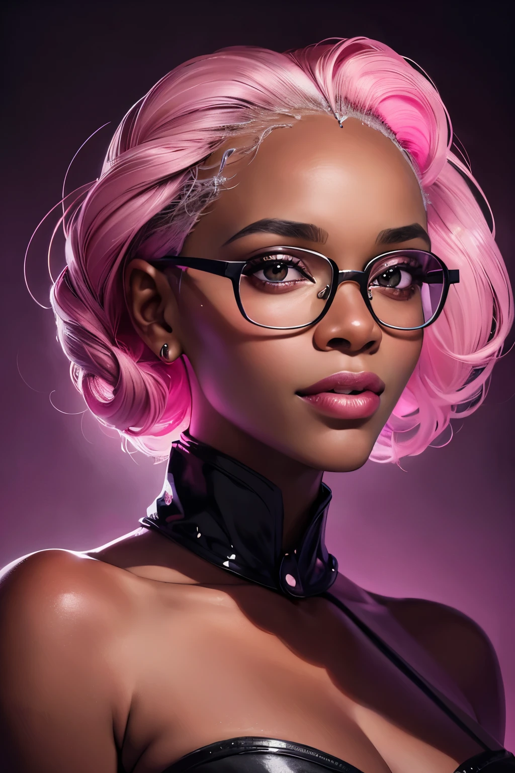 Digital cartoon art, showcasing a black, bald woman with oval and greenish glasses, radiates a joyful and content smile. In contrast, another portrait displays her in a melancholic state, capturing the essence of Analog Horror. This piece derives from the world of Goblin Academia, boasting an untextured, yet detailed style. Utilizing Depth of field, the focus is sharply on the woman's face, while the background fades into subtle blur. The art is intricately detailed, suitable for gameart, and is rendered with hot pink magenta hues, evoking a surreal, otherworldly atmosphere. The realistic dramatic lighting further enhances the 