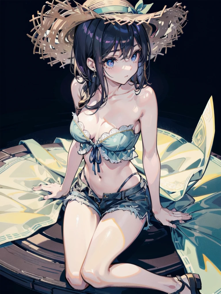 masterpiece, best quality, dark skin, short hair, yellow eyes, black hair, beautiful girl, thin, full body, tall girl, ((kawaii)), ((cute)), plan boobs, short boobs, small boobs, ((short chest)), ((big butt)), ((wide thigh)), front view, wearing a mermaid cosplay