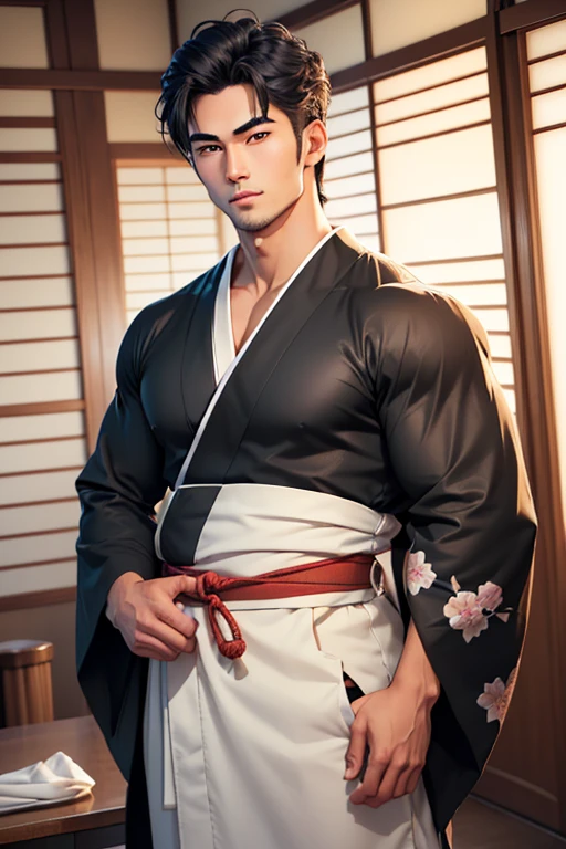 Close-up handsome very Japanese younger males,muscle,super and highly detailes,very 8k Japanese summer kimonos with Japanese prints patterns((absurdres, highres, ultra detailed)handsome, tall muscular Anime young man Japanese man full body figure kinda brawny muscular with black hair studious student likewithout glases in a very japanes male summer contemporary kimono yukata looking at the camera anime semi realiatic with different strking handsome features looks appearances that are moulded sculpted sculptured chiseled sharp angled angular broad high cheekbones full square jawed large almond shaped eyes light hazel amber or honey colors more round roundish eyed barely shoulder length wavy hair dark in a very Japanese Tokyo home almost male model like roundish oval like face