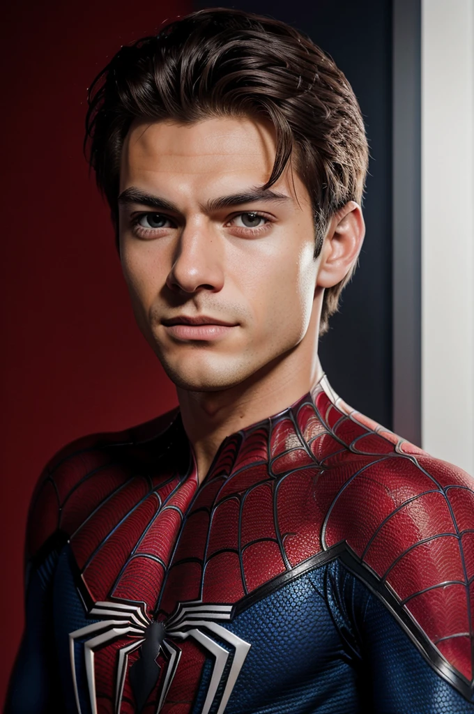 A photograph of spider man, no mask, 20 yo, handsome, detailed face, looking at camera, portrait, 8k uhd, high quality