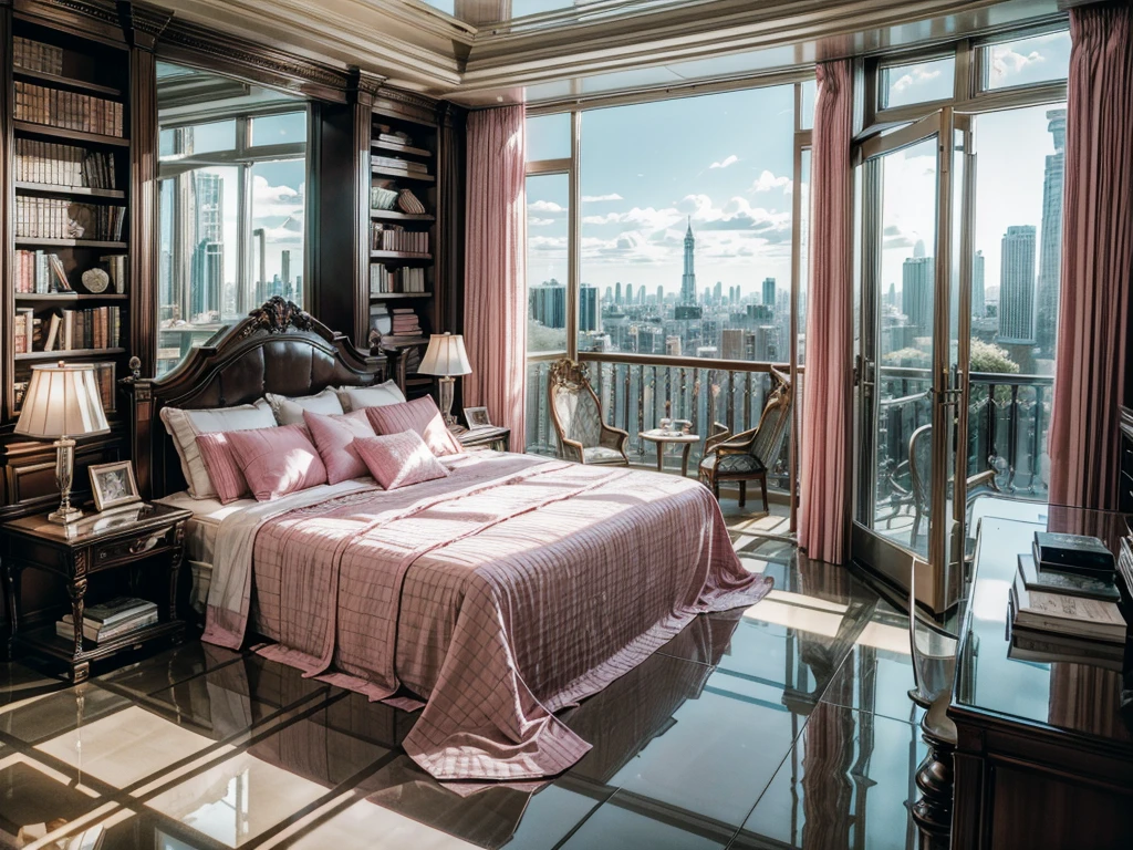 High-resolution images,Glass House,Glass House,Large floor-to-ceiling windows,There is a pink bed in the room,curtain,TV set,bookshelf,Bookcase with many books,table。The wall is glass window, The most important thing in the room is a big bed,The window is the villa garden,City skyscrapers