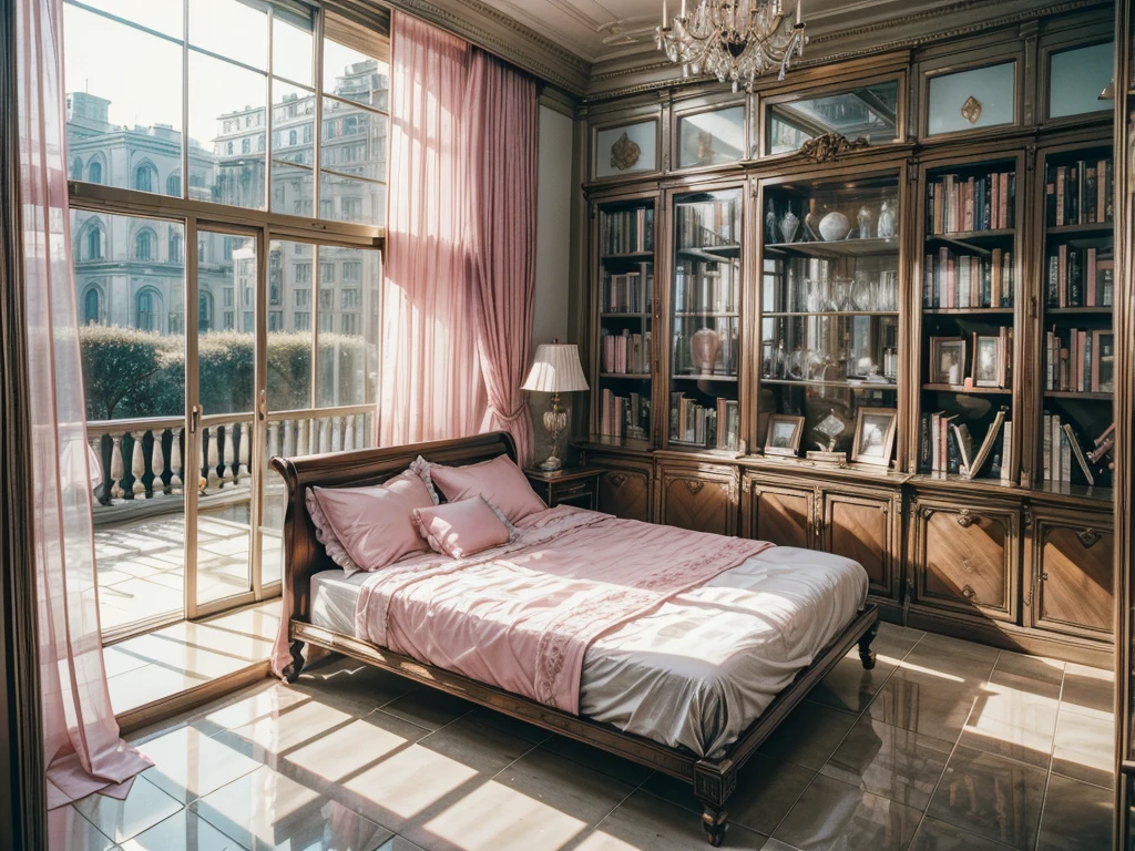 High-resolution images,Glass House,Glass House,Large floor-to-ceiling windows,There is a pink bed in the room,curtain,TV set,bookshelf,Bookcase with many books,table。The wall is glass window, The most important thing in the room is a big bed,The window is the villa garden,City skyscrapers