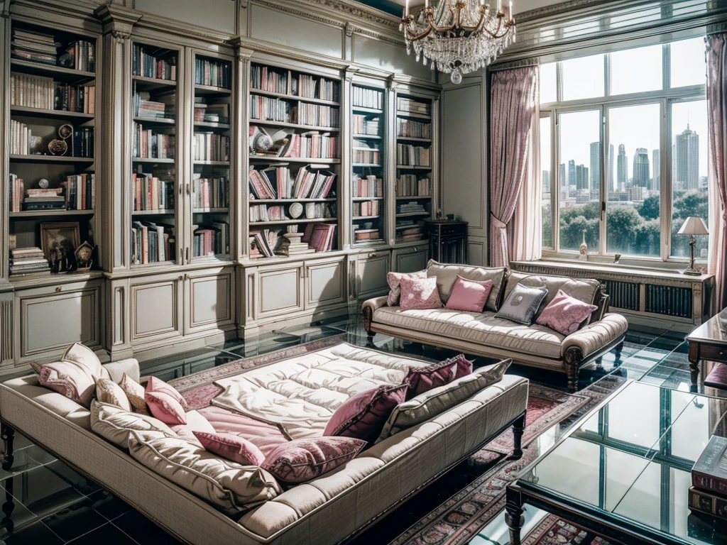 High-resolution images,Glass House,Glass House,Large floor-to-ceiling windows,There is a pink bed in the room,curtain,TV set,bookshelf,Bookcase with many books,table。The wall is glass window, The most important thing in the room is a big bed,The window is the villa garden,City skyscrapers