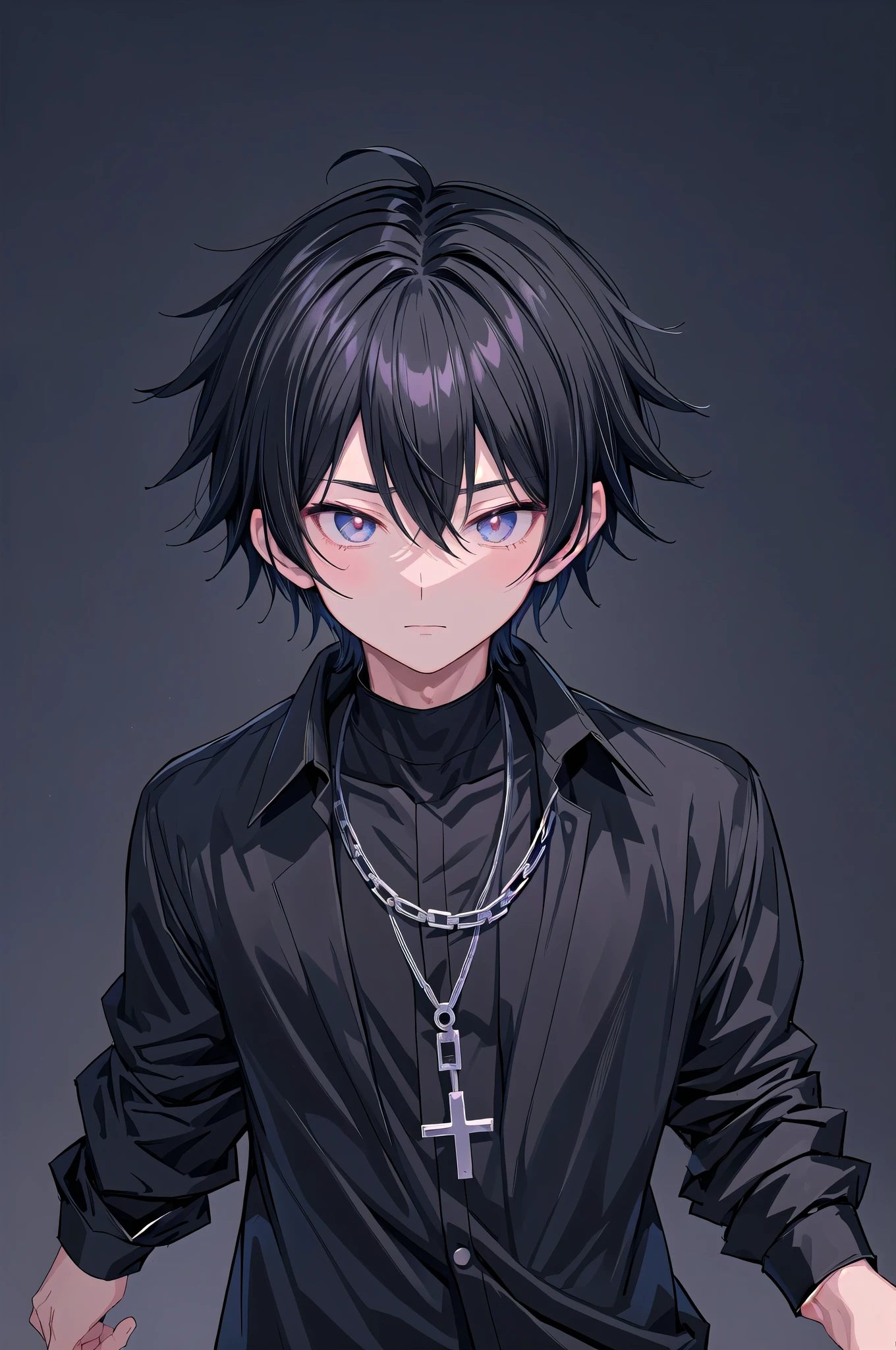 anime boy with black hair and a black shirt with a chain around his neck, male anime style, anime style character, boy has short black hair, inspired by Okumura Togyu, young anime man, anime moe artstyle, in an anime style, inspired by Okumura Masanobu, inspired by Itō Ogura Yonesuke