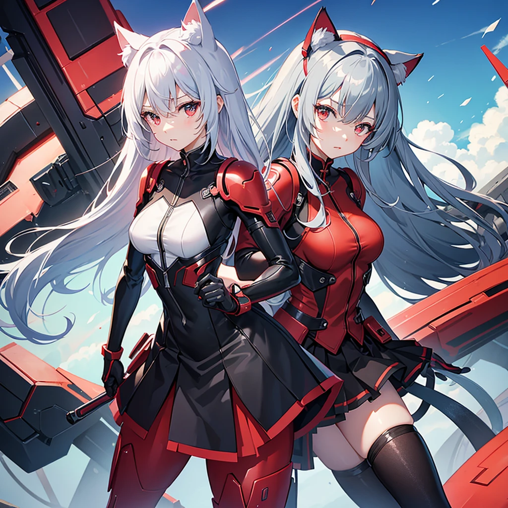 Anime style cat ears girl(Cat ears)Please draw。彼女はredいアクセントのある猫耳をしています。redと白の機械仕掛けのドレスを着ています。On her whole body、red、black、It has a large mechanical arm with blue highlights.、Looks like a piece of combat gear。Her hair is silver。Her eyes are slanted。I'm desperate.。Show the whole body。She is lying on her back, throwing her whole body out.。In the dilapidated ruins。