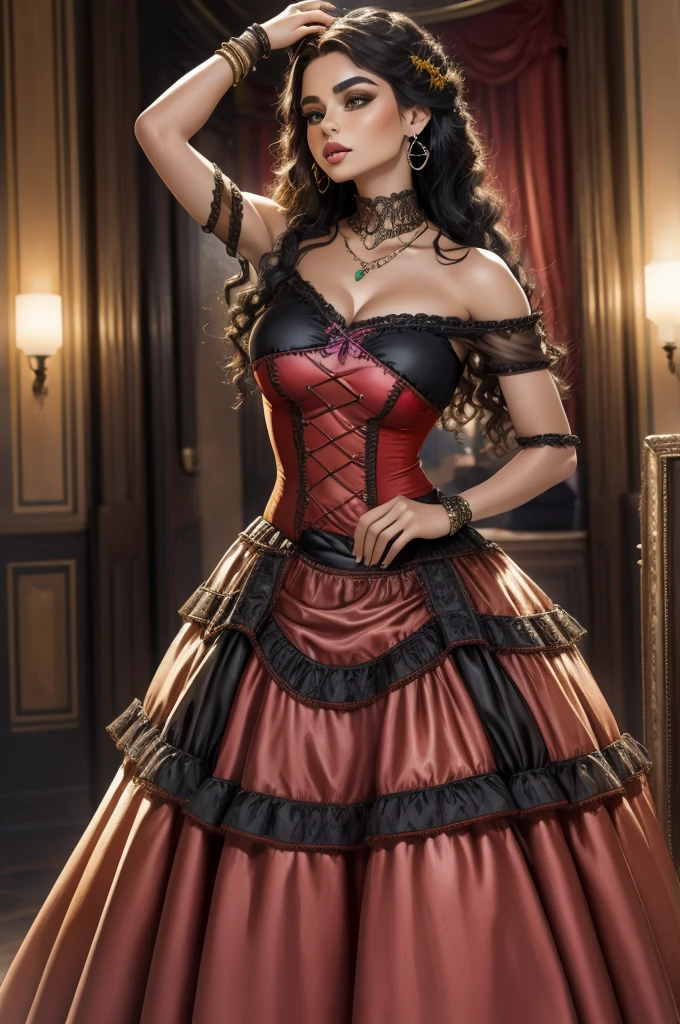 (MESTRA CIGANA SULAMITA) super-realista, Standing showing all her realistic 8K red/yellon lace dress floating in space , cabelos negros, pele, dourada, corpo full body perfect , Detailed Hands with Ruby Ring, 40 anos, Mystery front image ::8, (((saia longa de cigana rodada detalhes rendados de cor vermelha e amarela ))), Intricate yellon Makeup Patterns ::7, body ::6, Aura Encantada, magia brilhante ::5, On your card table, Bubbling Potion ::4, Magic ingredients, spellbooks ::3, gesto de spellcasting ::2, mistic ambient, supernatural presence ::1. Smoke and atmosphere: , poderes naturais, como frutos, folhas, cristais, She has long, dark curly hair with million rose red and yellon tucked into it. Her makeup emphasizes her eyes, and she's wearing large, dangling earrings and multiple necklaces with colorful beads and pendants. The woman's clothing includes vibrant fabrics with patterns. The overall aesthetic is very bohemian and romantic, evoking a free-spirited, nomadic culture. The lighting in the image is warm, giving it a rich, rendas golden glow that enhances the romantic atmosphere.16K.
