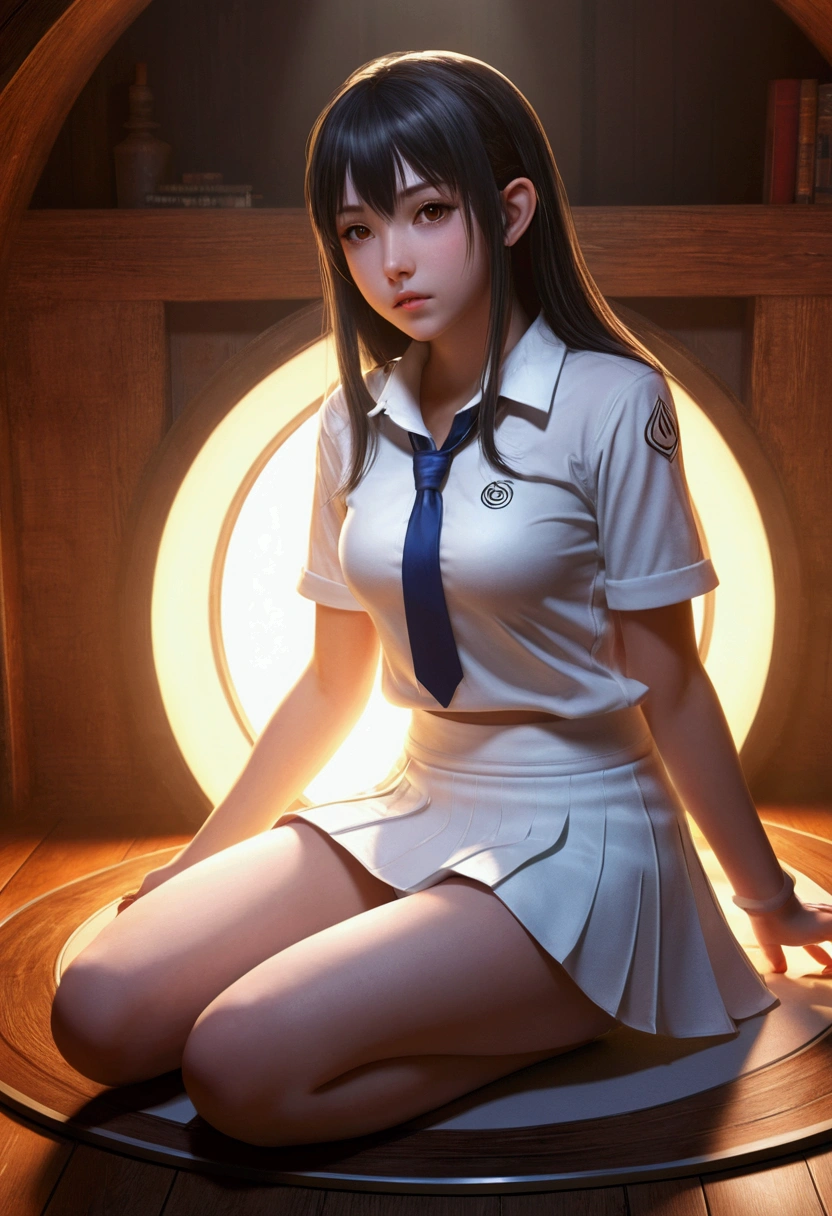 masterpiece, High resolution, beautiful girl realistic style, homunculus, magic circle, small room, perfect beautiful girl, with white miniskirt, open legs, sitting, bright from within, looking at the viewer, risa, 3D rendering, perspective, amazing anime illustration, awesome lighting, Fantastic, dangerous, monstrous