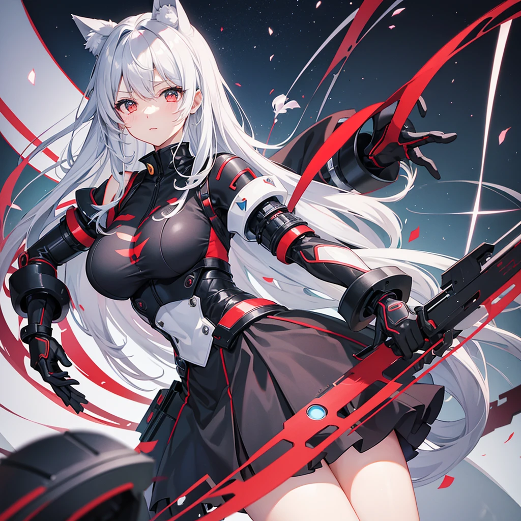 Anime style cat ears girl(Cat ears)Please draw。彼女はredいアクセントのある猫耳をしています。redと白の機械仕掛けのドレスを着ています。On her whole body、red、black、It has a large mechanical arm with blue highlights.、Looks like a piece of combat gear。Her hair is silver。Her eyes are slanted。I'm desperate.。Show the whole body。She is lying on her back, throwing her whole body out.。In the dilapidated ruins。