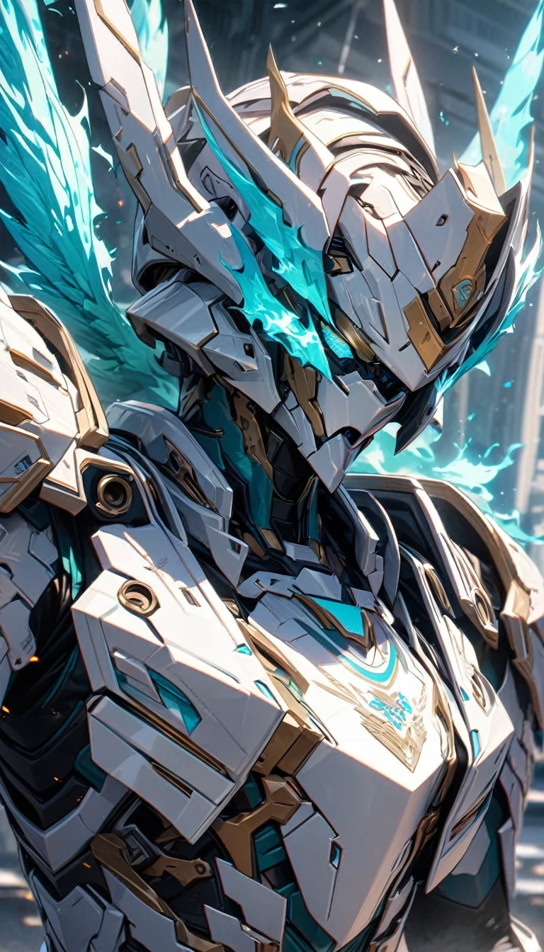 White futuristic battle armor, turquoise fire, turquoise wings, Masterpiece, best quality, Full HD, 8k, ultra details, great graphic