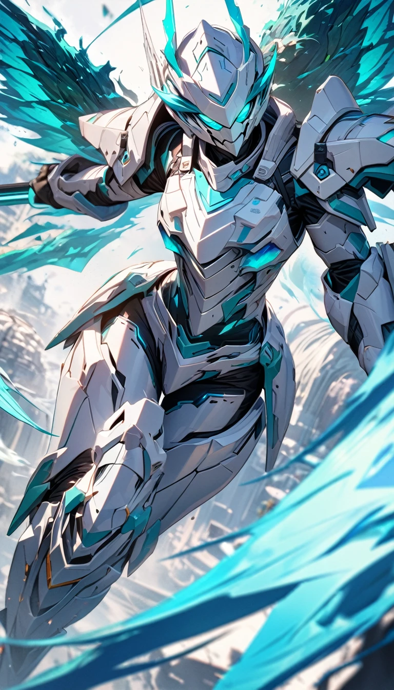 White futuristic battle armor, turquoise fire, turquoise wings, Masterpiece, best quality, Full HD, 8k, ultra details, great graphic