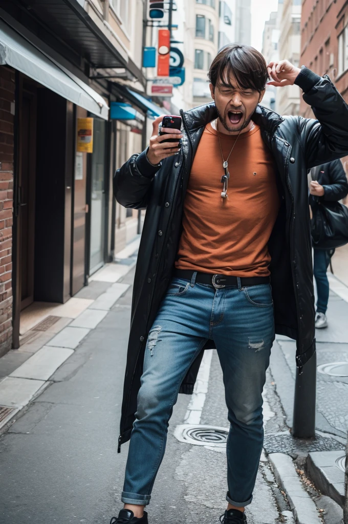 crazy person using his cell phone