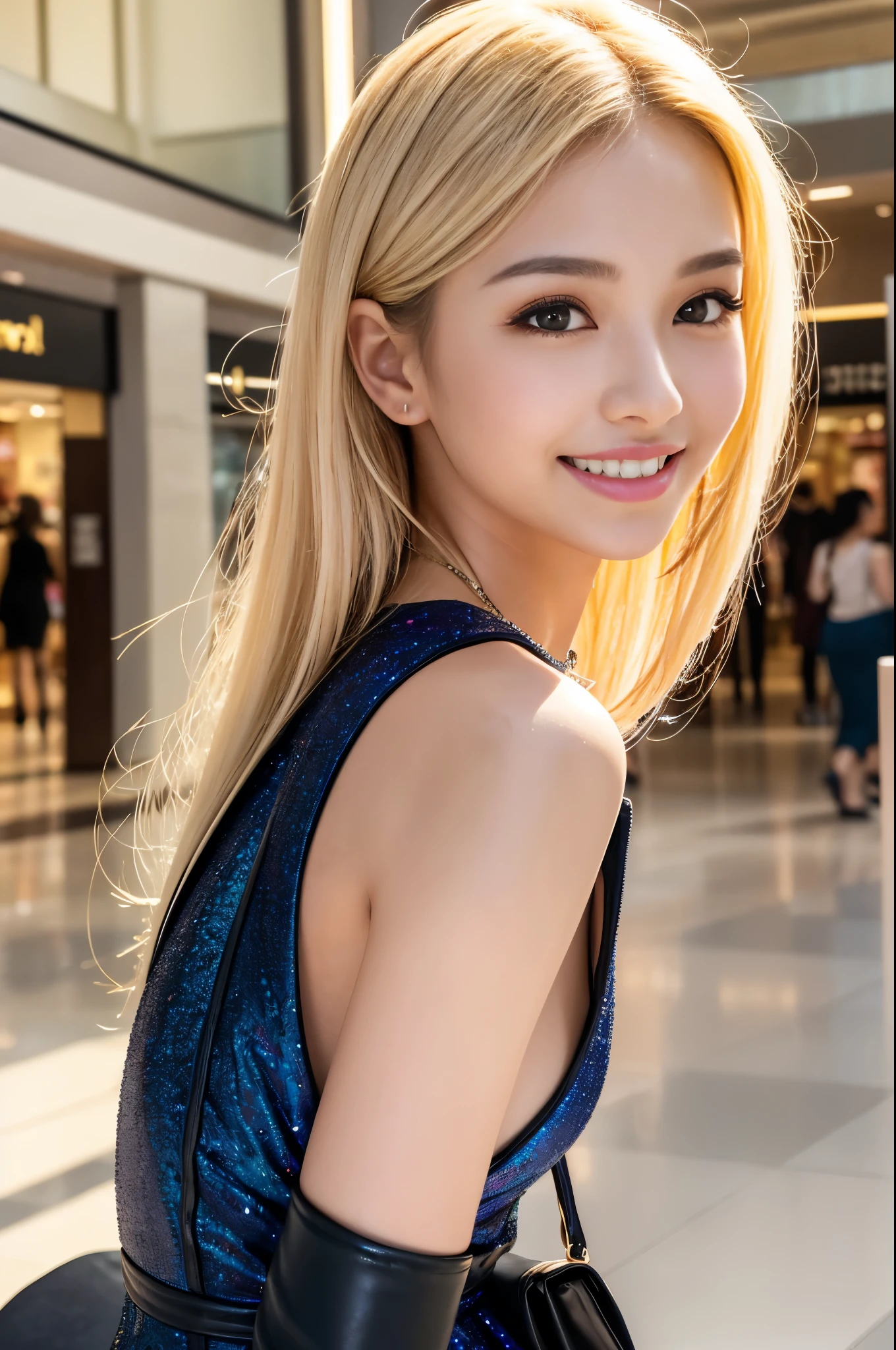 8K,Bushy blonde adult woman,so beautiful(Like the real thing), Big smile, elegant, Long nails, Hairstyle, Beautiful expression,blue eyes, Messy, I am proud, absurdes, Elegant dress,Cowboy Shot, Portraiture, (Highest quality), (Tabletop), (Very detailed), masterpiece,Highest quality photorealistic RAW photos。Backlight, Cinema Lighting, Film Grain, to be born, 50MM lens, Nikon D850,Ultra-Realistic Skin,Fantasy art,Character Art,Ultra-high resolution,Perfect hands,Compensate,wearing a white shirt mini dress,Place your left hand gently on your chin,Strongly blurred beautiful office corridor background,smile_Running towards here_long flowing Long straight hair,running over here at a slight jog with bag