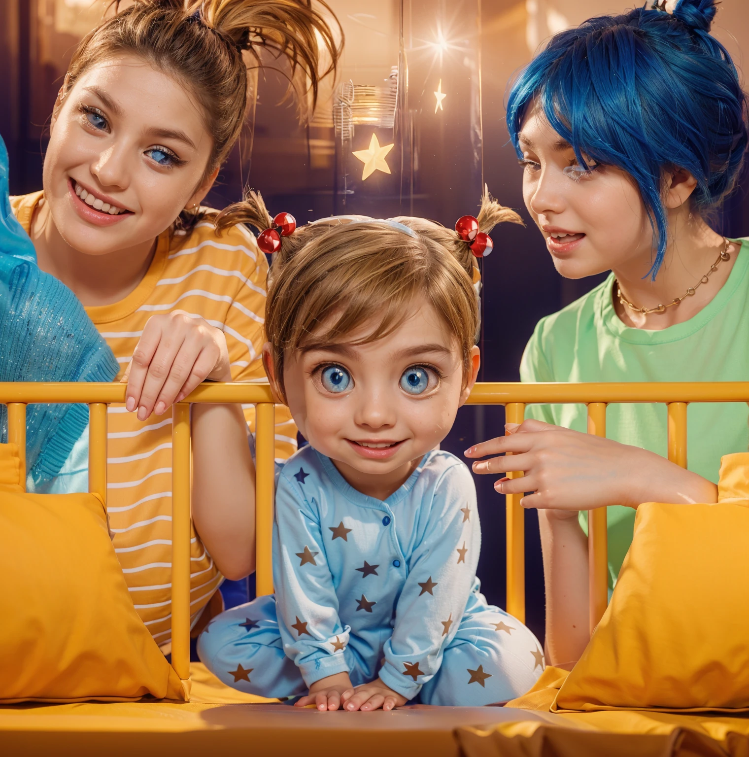 This image features a depiction of Riley Andersen, the young protagonist from the animated movie "Inside Out." The ddler version of Riley here captures her youthful innocence and playful spirit, characterized by her large blue eyes and blonde hair styled in whimsical pigtails. Dressed in a soft blue onesie adorned with stars, Riley exudes curiosity and joy, reflecting her character's bright and lively personality from the film. The vibrant blue background highlights her cheerful disposition and imaginative nature. vibrant contrast to his attire and accessories.аffects render, (glossy plastic texture with multiple big light probe refractions), perfect cgi, smooth silhouette, high intensity refraction, (super glossy plastic material), most beautiful vfx, , realistic, 4k, high resolution, rim light, smooth 3d model, multiple light sources, rim light, sharp post effects render,, realistic, 4k, high resolution, rim light detailed digital art, reflective, best quality, 4k, masterpiece:1.2, ultra-detailed, realistic, vivid colors, The image of the highest quality, ensuring every detail showcased perfectly. It in 4k resolution, allowing viewers to immerse themselves in the richness of the colors and intricate details. The realistic rendering. under the spotlight, reflecting, high-resolution image, realistic rendering
