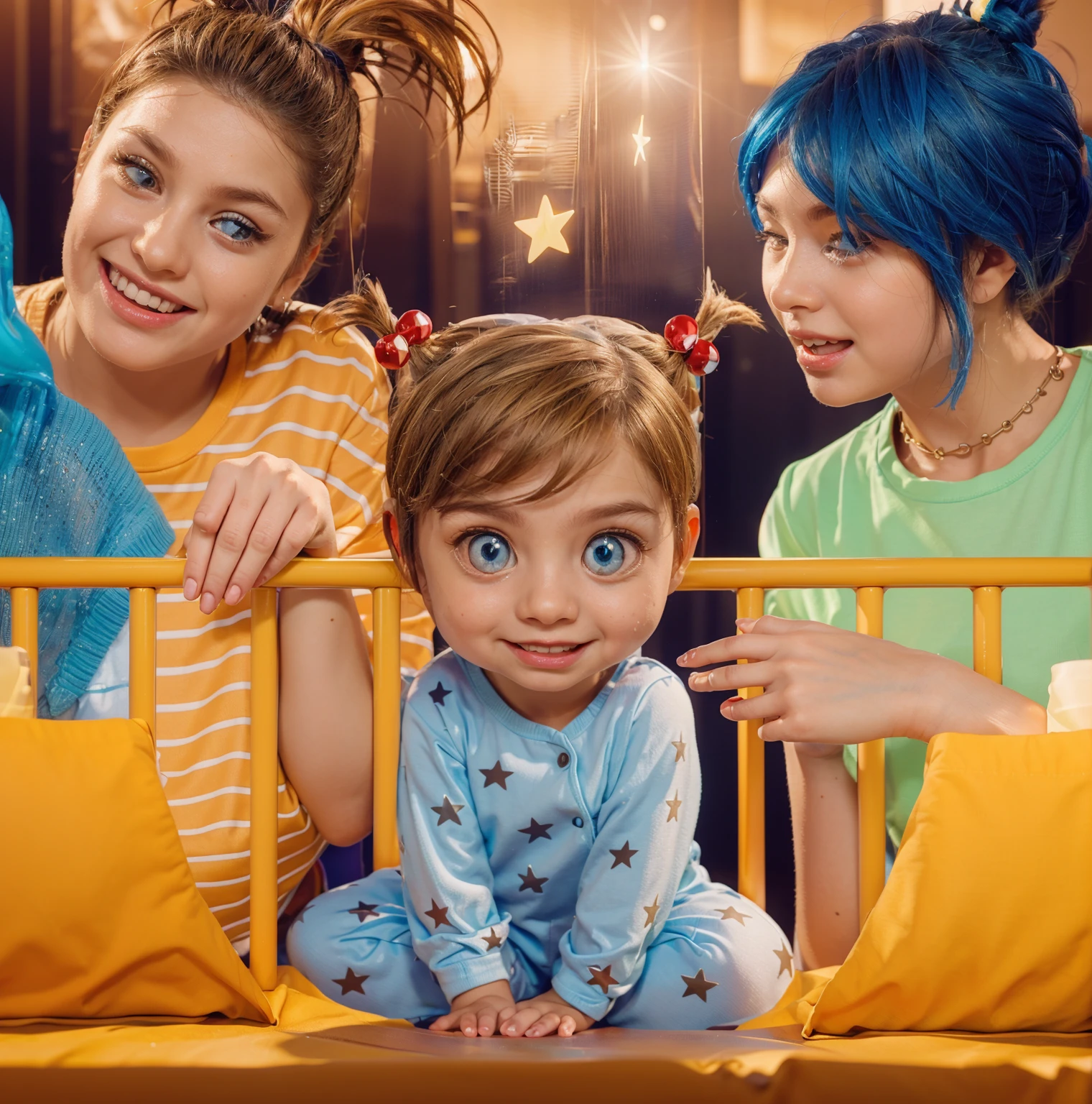 This image features a depiction of Riley Andersen, the young protagonist from the animated movie "Inside Out." The ddler version of Riley here captures her youthful innocence and playful spirit, characterized by her large blue eyes and blonde hair styled in whimsical pigtails. Dressed in a soft blue onesie adorned with stars, Riley exudes curiosity and joy, reflecting her character's bright and lively personality from the film. The vibrant blue background highlights her cheerful disposition and imaginative nature. vibrant contrast to his attire and accessories.аffects render, (glossy plastic texture with multiple big light probe refractions), perfect cgi, smooth silhouette, high intensity refraction, (super glossy plastic material), most beautiful vfx, , realistic, 4k, high resolution, rim light, smooth 3d model, multiple light sources, rim light, sharp post effects render,, realistic, 4k, high resolution, rim light detailed digital art, reflective, best quality, 4k, masterpiece:1.2, ultra-detailed, realistic, vivid colors, The image of the highest quality, ensuring every detail showcased perfectly. It in 4k resolution, allowing viewers to immerse themselves in the richness of the colors and intricate details. The realistic rendering. under the spotlight, reflecting, high-resolution image, realistic rendering