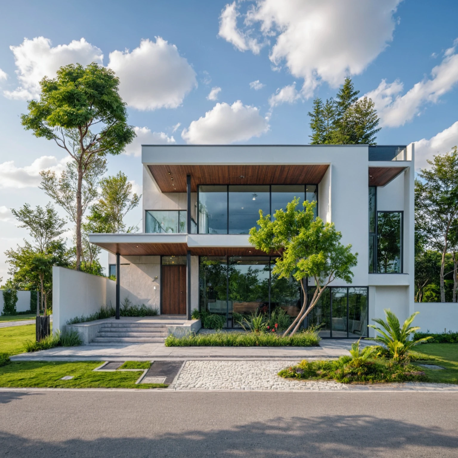Masterpiece, high quality, best quality, authentic, realistic scene, super detail, outdoors, house on the street ,white wall, glass window, steel gate, road, pavement, grass, trees, sky, cloud, car (daylight:1.1)