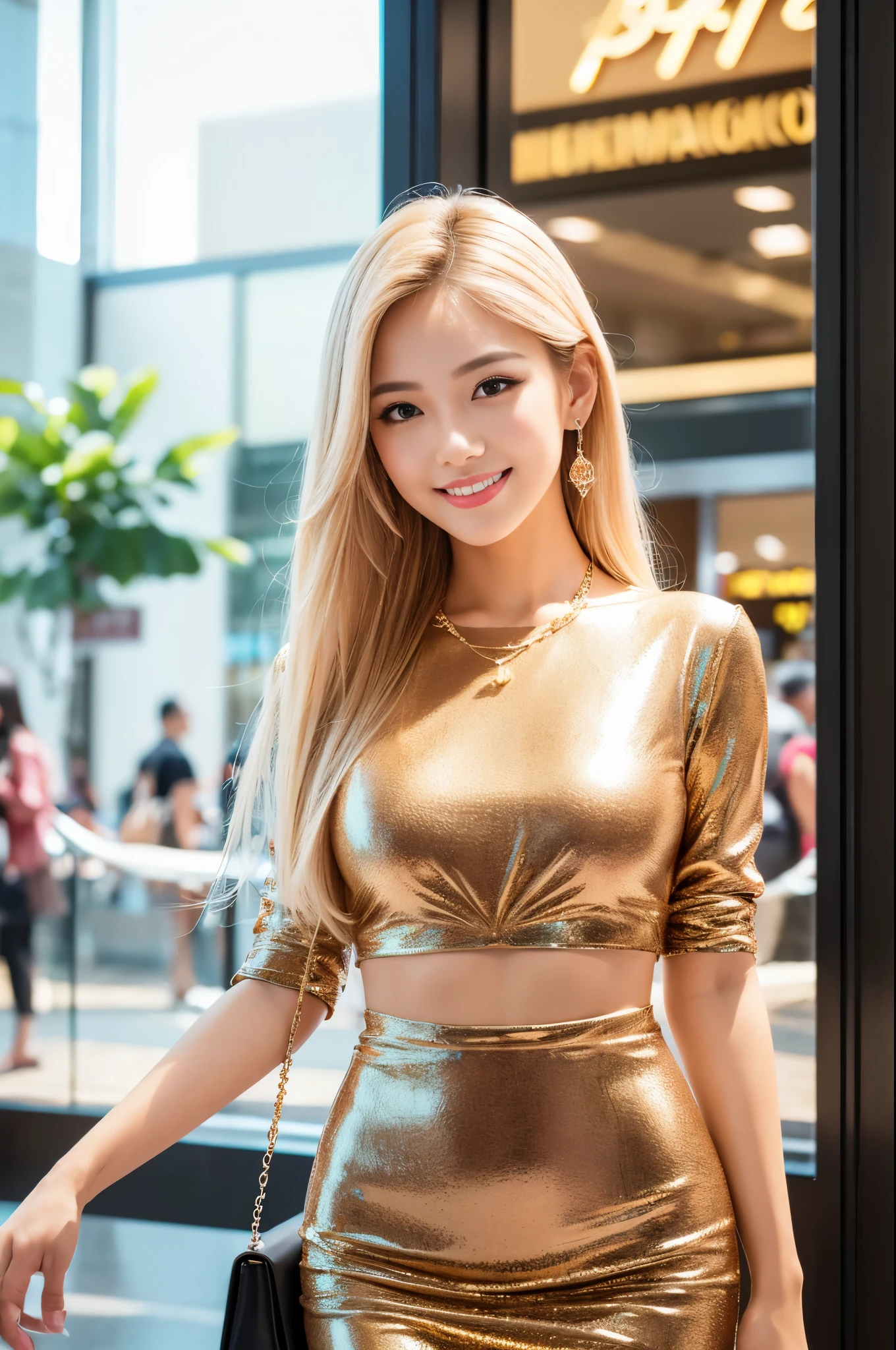 (best quality, 4k ,8k, highres, masterpiece:1.2), ultra-detailed, (realistic, photorealistic, photo-realistic:1.37), closeup, beautiful Thai woman, (slim girl), (happy smile), long lashes, beautiful makeup, platinum blonde hair, fair skin, slender figure, elegant posture, wearing large sparkling colorful jewelery, wearing a business style leather dress, standing in a large shopping mall, gentle sunlight shining through the shopping mall windows, casting a soft glow on her face, adding warmth to the scene, vibrant colors, capturing the essence of vibrant city life, portrait style, showcasing her natural beauty and grace in a feminine way