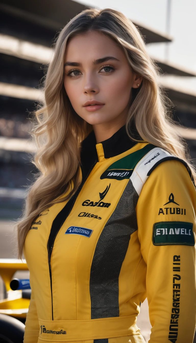 racer jumpsuit, ((yellow shirt)), formula 1 pilot, (full body, ultra-detailed),standing next to a formula 1 racing car, in front of the camera, ((perfect eyes, detailed eyes,realistic eyes)), (masterpiece, best quality, ultra-detailed, best shadow), high contrast, (best illumination), ((cinematic light)), colorful, hyper detail, dramatic light, intricate details, (1 girl, solo) , ultra detailed artistic photography, dreamy, backlit, shadows, ultra high definition, 8k, ultra sharp focus, ultra high quality model, soft lighting, film photography, analogue photography, hyperrealism,, ((sharp face, detailed face, realistic face, naturtal skin, realistic skin, detailed skin, pores)), large breast, 25 years old very beautiful american girl, long straight blonde hair, expose cleavage