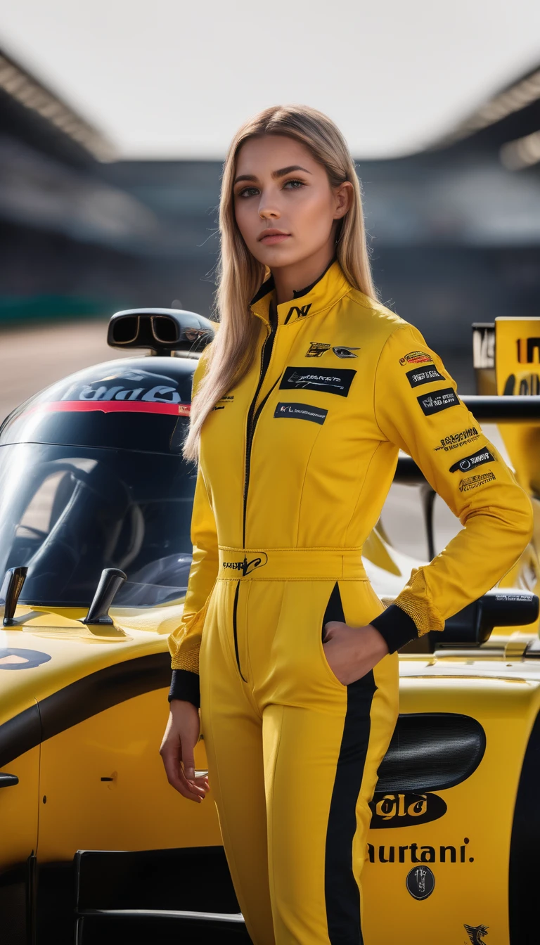 racer jumpsuit, ((yellow shirt)), formula 1 pilot, (full body, ultra-detailed),standing next to a formula 1 racing car, in front of the camera, ((perfect eyes, detailed eyes,realistic eyes)), (masterpiece, best quality, ultra-detailed, best shadow), high contrast, (best illumination), ((cinematic light)), colorful, hyper detail, dramatic light, intricate details, (1 girl, solo) , ultra detailed artistic photography, dreamy, backlit, shadows, ultra high definition, 8k, ultra sharp focus, ultra high quality model, soft lighting, film photography, analogue photography, hyperrealism,, ((sharp face, detailed face, realistic face, naturtal skin, realistic skin, detailed skin, pores)), large breast, 25 years old very beautiful american girl, long straight blonde hair, expose cleavage