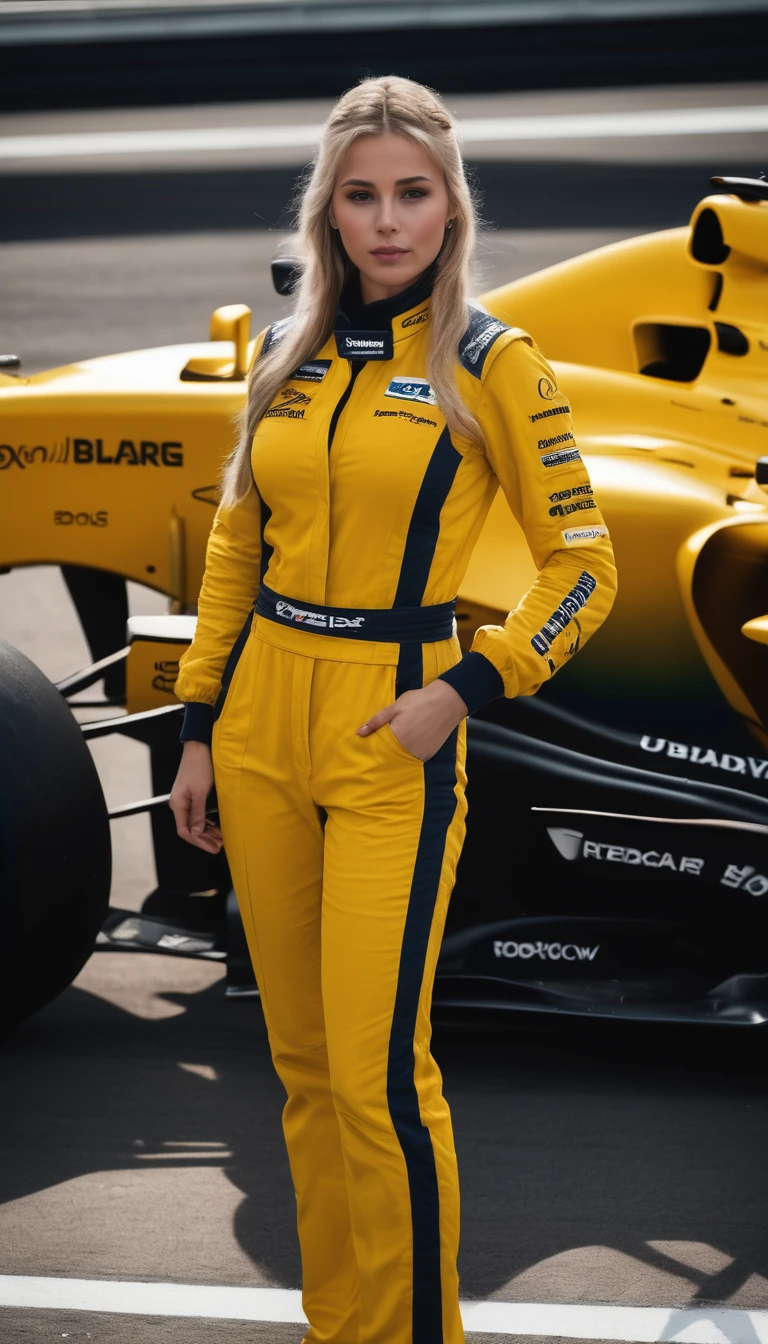 racer jumpsuit, ((yellow shirt)), formula 1 pilot, (full body, ultra-detailed),standing next to a formula 1 racing car, in front of the camera, ((perfect eyes, detailed eyes,realistic eyes)), (masterpiece, best quality, ultra-detailed, best shadow), high contrast, (best illumination), ((cinematic light)), colorful, hyper detail, dramatic light, intricate details, (1 girl, solo) , ultra detailed artistic photography, dreamy, backlit, shadows, ultra high definition, 8k, ultra sharp focus, ultra high quality model, soft lighting, film photography, analogue photography, hyperrealism,, ((sharp face, detailed face, realistic face, naturtal skin, realistic skin, detailed skin, pores)), large breast, 25 years old very beautiful american girl, long straight blonde hair, expose cleavage