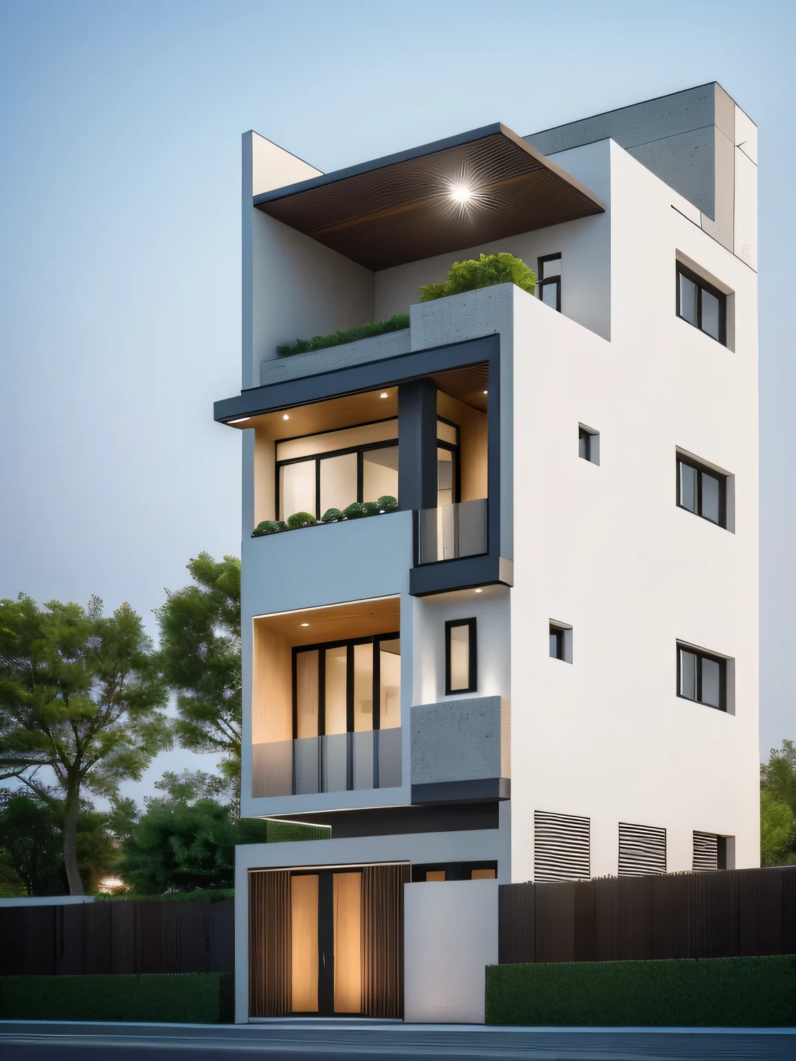 1 morden house, cofe space:1.4, main material by white wall and wood, large yard, 1 road runs in front of the house,  (RAW photo, real, best quality, masterpiece:1.2), look morden minimalist, 1 road in front of the house, shime ring light, light brighteness from indoor:1.2, dynamic lighting:1.3, (hyper realistic, photo-realistic:1.2), high quality, (dark lighting:1.2), perfect lighting, archdaily