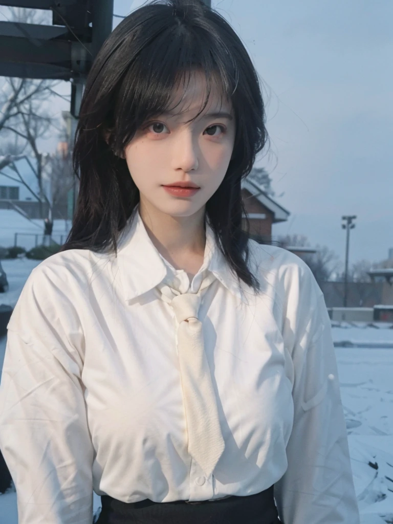 Best quality,masterpiece,Ultra-high resolution,snow,16K,Snow background,(Photo Realism:1.4),1 Girl,JK,Sexy,(Shirt and Tie:1.2),(Big breasts:2.3),(Upper body:1.4)