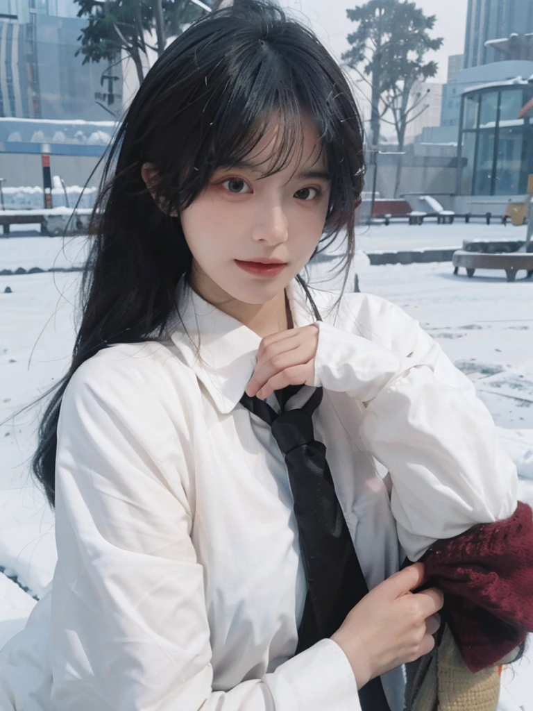 Best quality,masterpiece,Ultra-high resolution,snow,16K,Snow background,(Photo Realism:1.4),1 Girl,JK,Sexy,(Shirt and Tie:1.2),(Big breasts:2.3),(Upper body:1.4)
