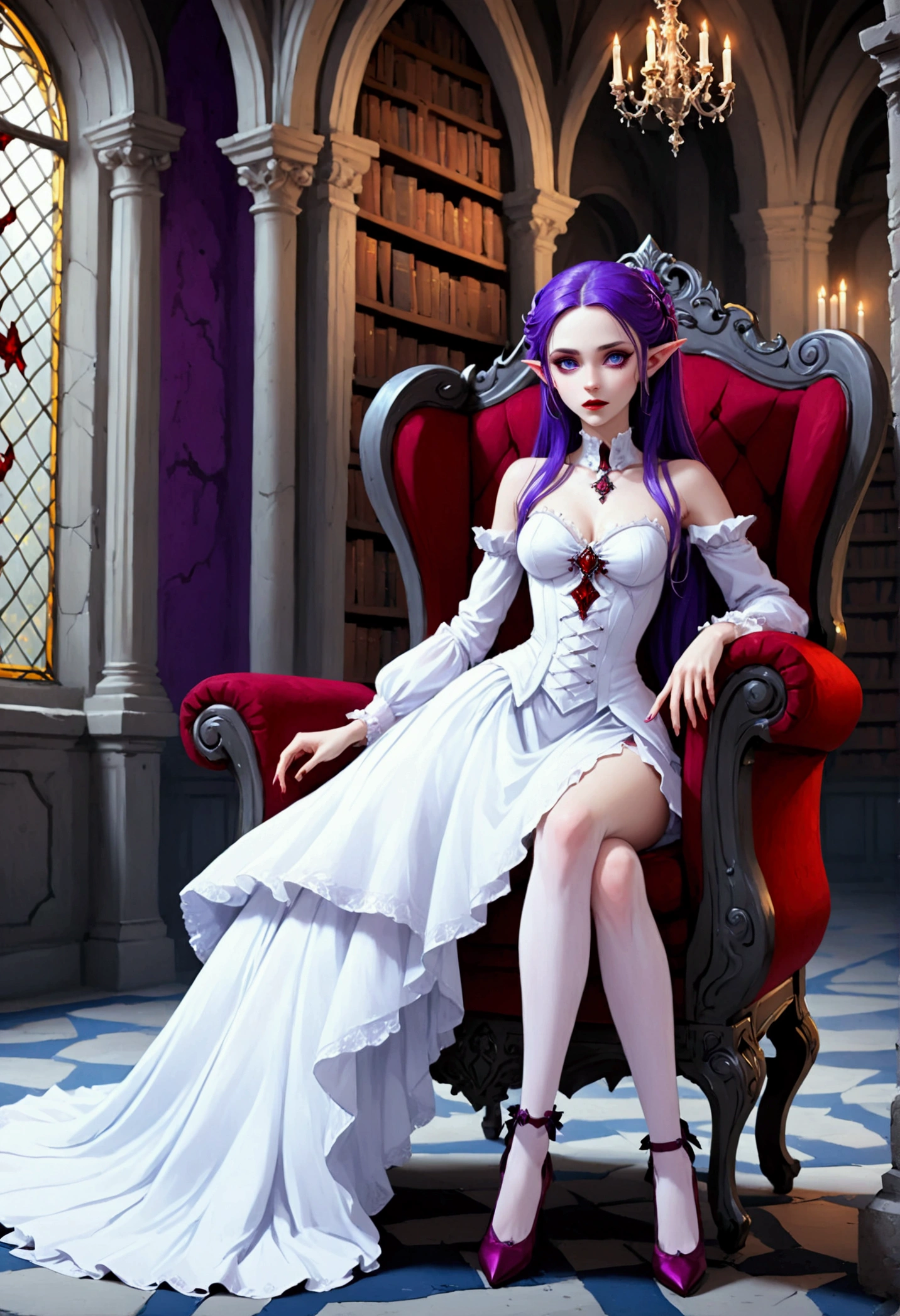 arafed a picture of elf vampire in her castle. an exquisite beautiful female elf vampire (ultra details, Masterpiece, best quality), full body, ((anatomically correct: 1.5) bloody mouth, purple hair, pale skin, hair in a ponytail, long hair, blue eyes, (small pointed ears: 1.2), cold eyes, smirking, wearing white dress (ultra details, Masterpiece, best quality), red cloak, wearing high heels, in dark fantasy library, book shelves, vibrant, Ultra-high resolution, High Contrast, (masterpiece:1.5), highest quality, Best aesthetics), best details, best quality, highres, ultra wide angle, 16k, [ultra detailed], masterpiece, best quality, (extremely detailed) RAW, dark fantasy art, gothic art, wearing Haute_Couture designer dress, Dark Novel, Dark Art Painting Style, dripping blood, hud_s1n, short black dress, long sleeves, veil, thighhighs, digital painting