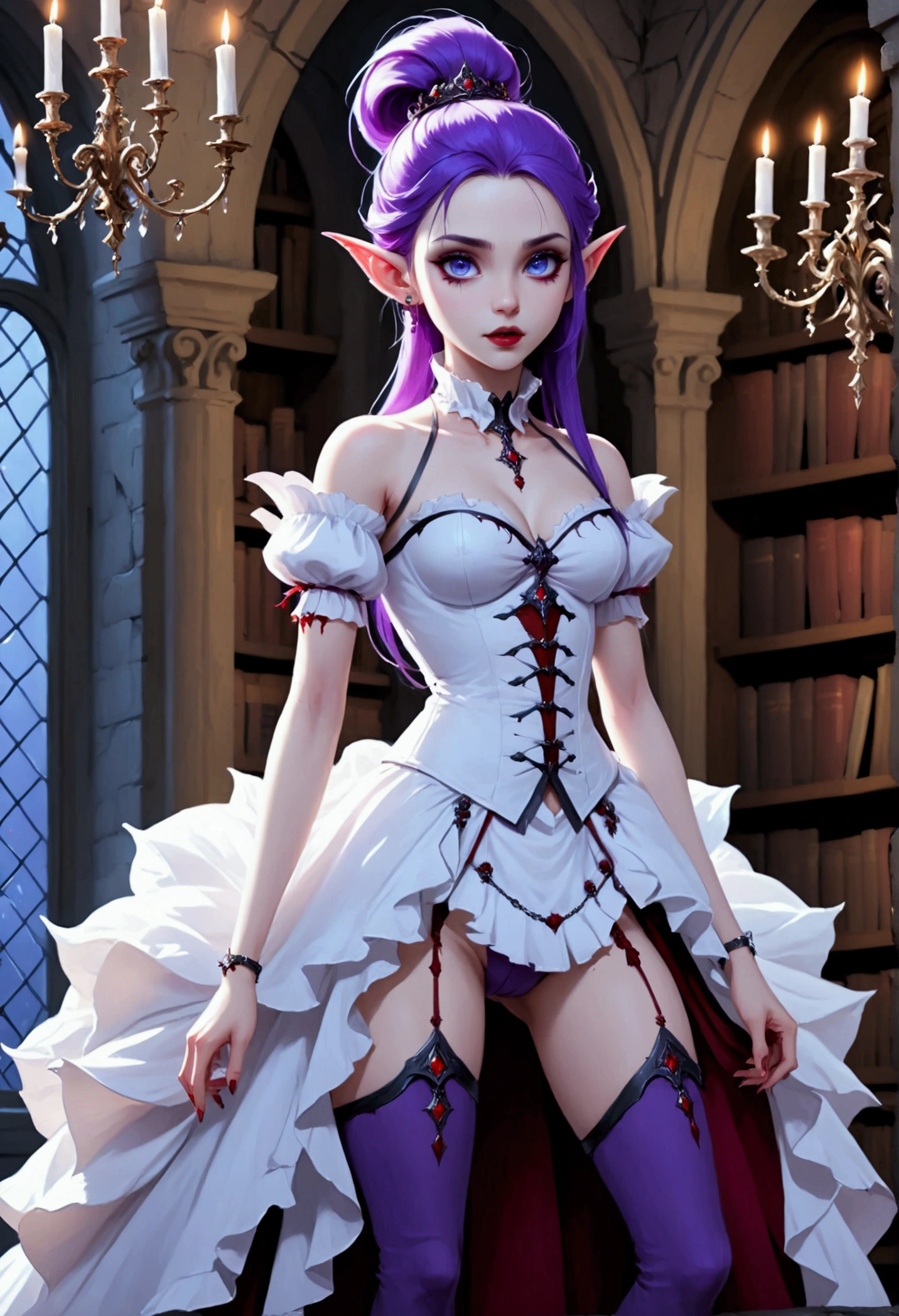 arafed a picture of elf vampire in her castle. an exquisite beautiful female elf vampire (ultra details, Masterpiece, best quality), full body, ((anatomically correct: 1.5) bloody mouth, purple hair, pale skin, hair in a ponytail, long hair, blue eyes, (small pointed ears: 1.2), cold eyes, smirking, wearing white dress (ultra details, Masterpiece, best quality), red cloak, wearing high heels, in dark fantasy library, book shelves, vibrant, Ultra-high resolution, High Contrast, (masterpiece:1.5), highest quality, Best aesthetics), best details, best quality, highres, ultra wide angle, 16k, [ultra detailed], masterpiece, best quality, (extremely detailed) RAW, dark fantasy art, gothic art, wearing Haute_Couture designer dress, Dark Novel, Dark Art Painting Style, dripping blood, hud_s1n, short black dress, long sleeves, veil, thighhighs, digital painting